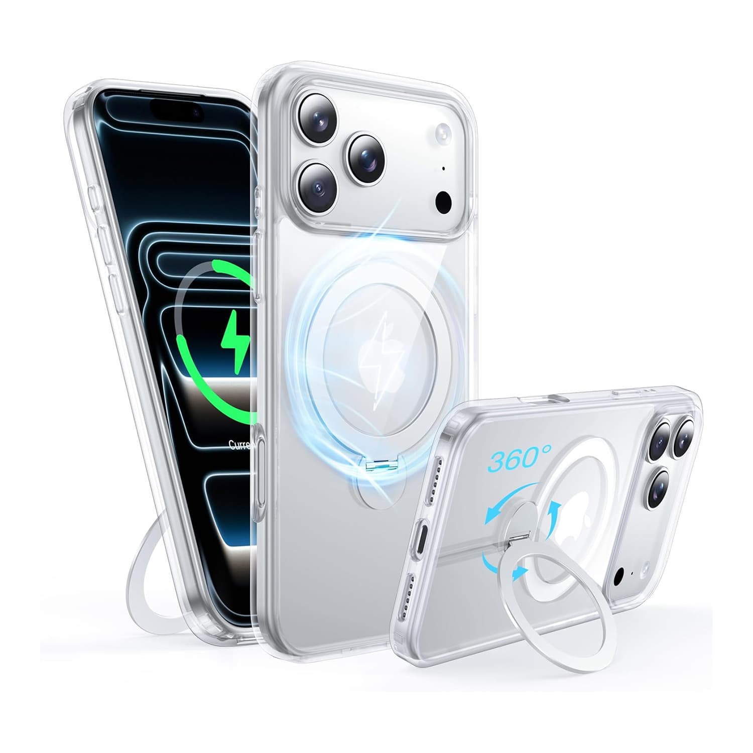 FINEAK - 360° Rotatable Magnetic Ring, Fade-Resistant, Soft Silicone Case for iPhone 17 Pro - Clear