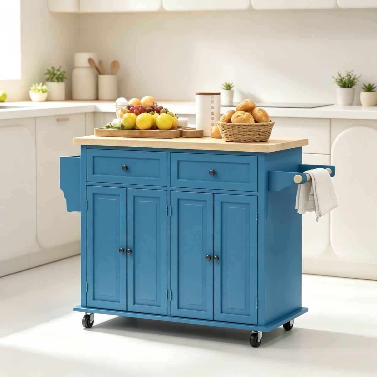 Alt View 1. Loheer - Loheer Turquoise Kitchen Island Cart, Rolling Kitchen Trolley with Drawers, Rubberwood Top, 43.75" W - Turquoise.