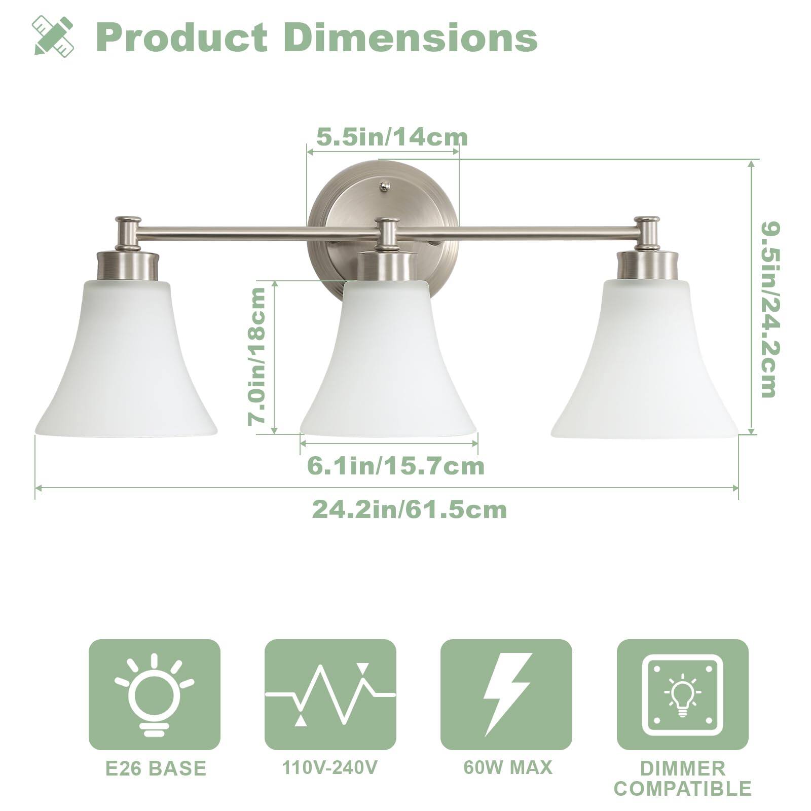 Product Dimensions

- 5.5in/14cm
- 7.0in/18cm
- 6.1in/15.7cm
- 24.2in/61.5cm
- 9.5in/24.2cm

E26 BASE  
110V-240V  
60W MAX  
DIMMER COMPATIBLE