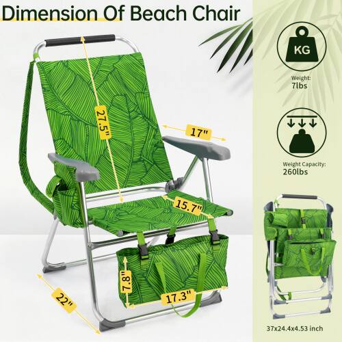 Dimension Of Beach Chair  
KG Weight: 7lbs  
Weight Capacity: 260lbs  
Dimensions:  
- 27.5"  
- 17"  
- 15.7"  
- 22"  
- 17.3"  
- 37x24.4x4.53 inch
