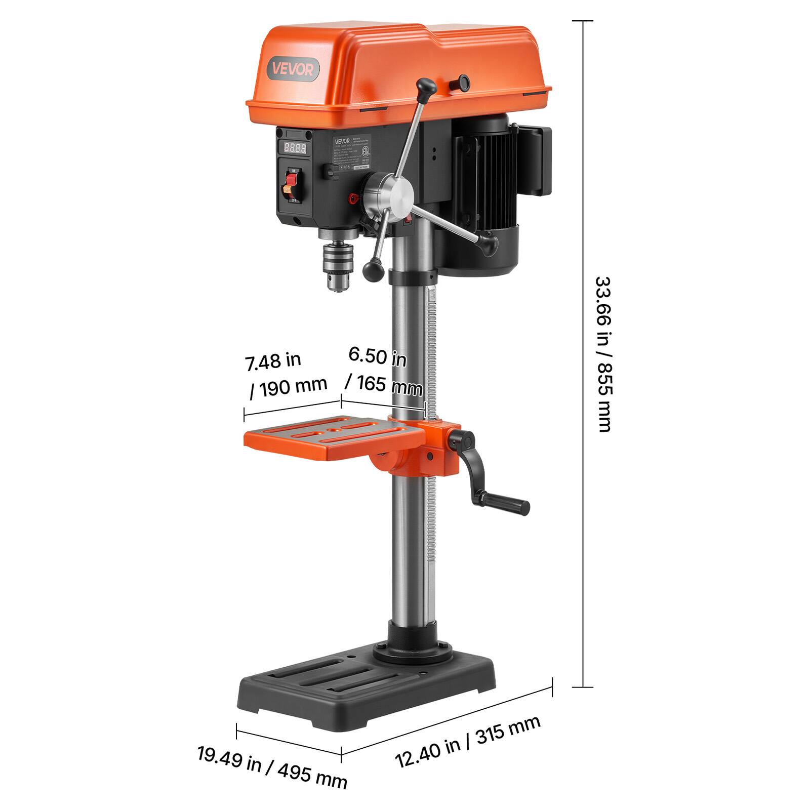 VEVOR  
8888  
VEVOR  
7.48 in / 190 mm  
6.50 in / 165 mm  
33.66 in / 855 mm  
19.49 in / 495 mm  
12.40 in / 315 mm