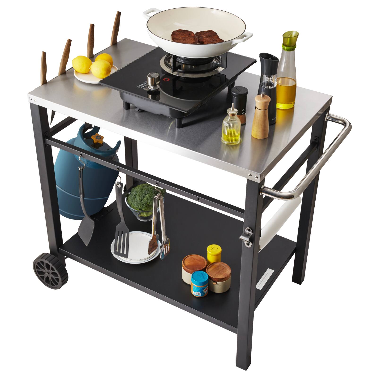 Front. VEVOR - Outdoor Grill Dining Cart with Double-Shelf, BBQ Movable Food Prep Table, Multifunctional Stainless Steel Table Top - Black.