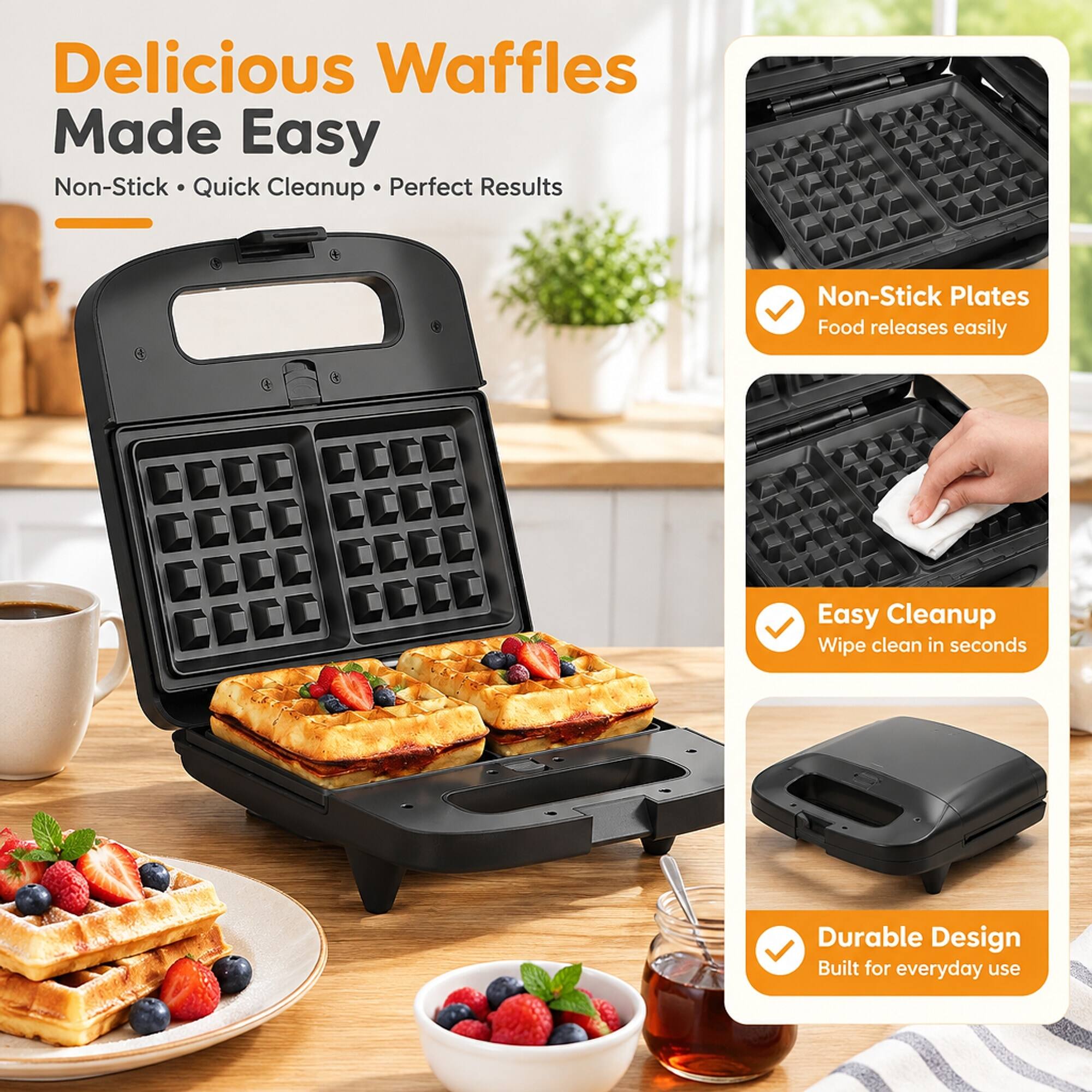 Delicious Waffles Made Easy  
Non-Stick • Quick Cleanup • Perfect Results

Non-Stick Plates  
Food releases easily

Easy Cleanup  
Wipe clean in seconds

Durable Design  
Built for everyday use