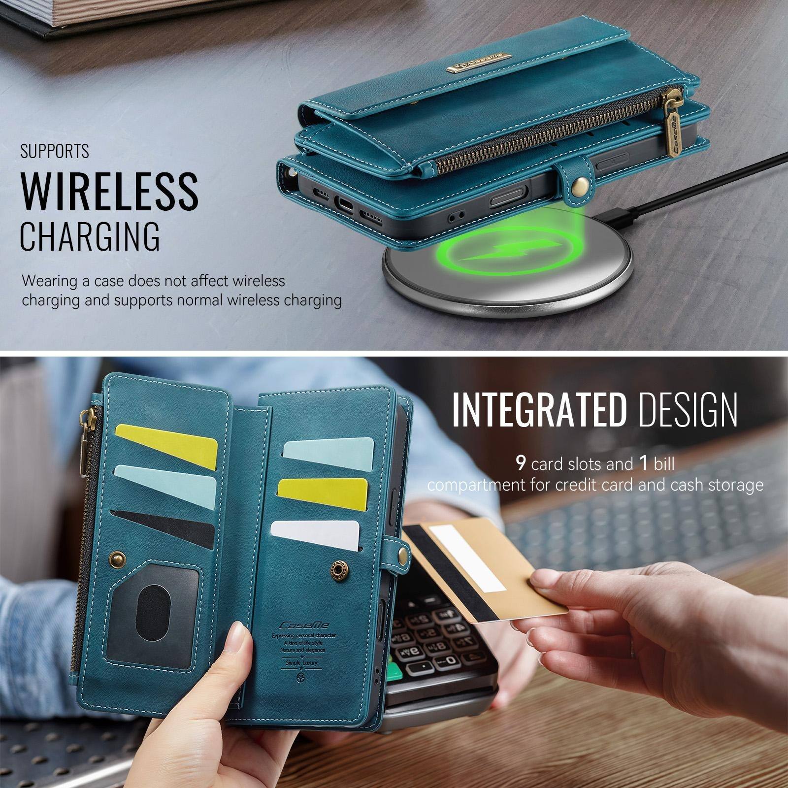 SUPPORTS WIRELESS CHARGING  
Wearing a case does not affect wireless charging and supports normal wireless charging  

INTEGRATED DESIGN  
9 card slots and 1 bill compartment for credit card and cash storage  

CaseMe Expression, general chander A 1000 luutyle degent Smale LOLIVE  
6 5(- 48 7 9 Vx 0