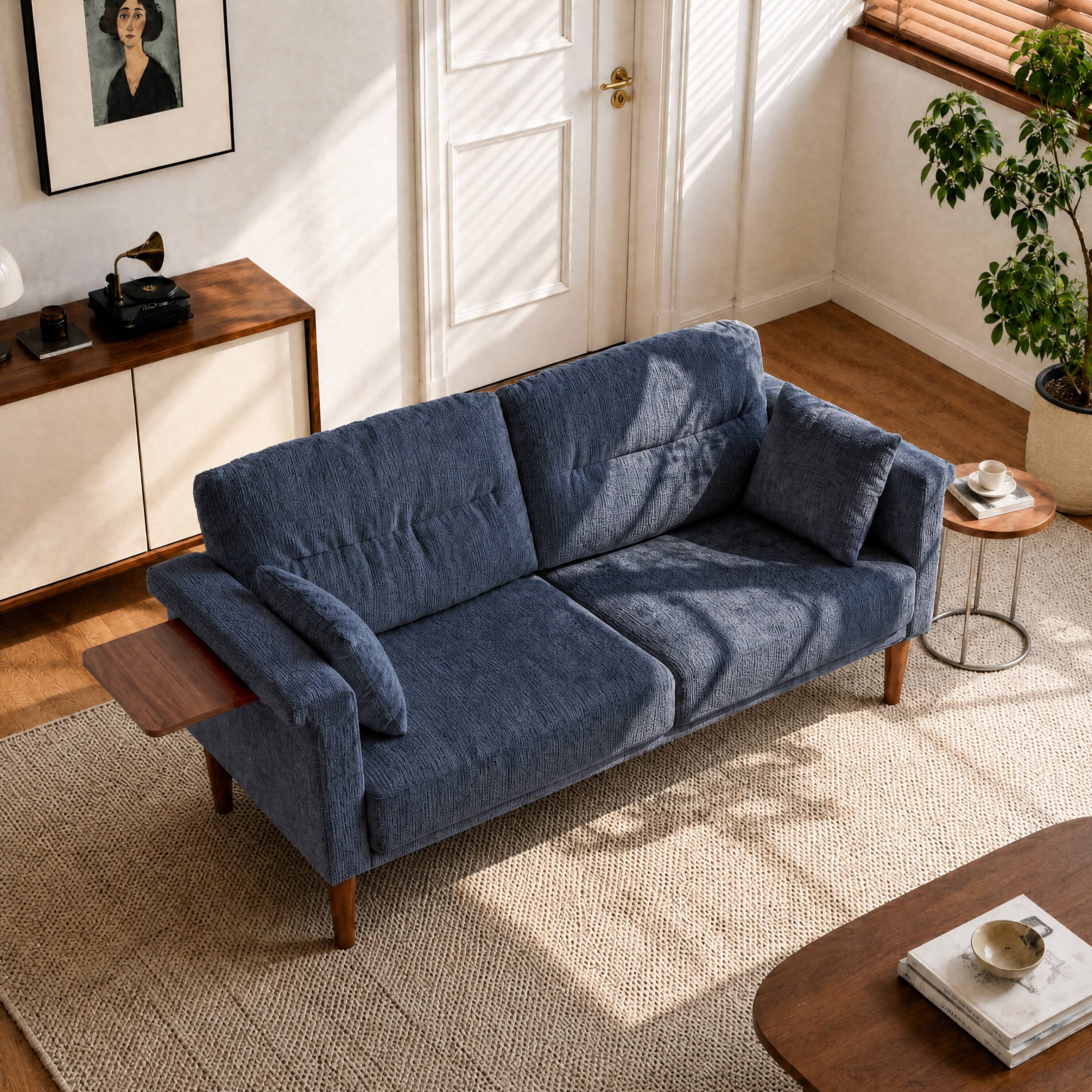 Alt View 6. Vipbear - 69" Loveseat Sofa with Foldable Side Table, Modern Small Couches for Bedroom, Small Spaces, Dorms, Office, Apartment - Blue.