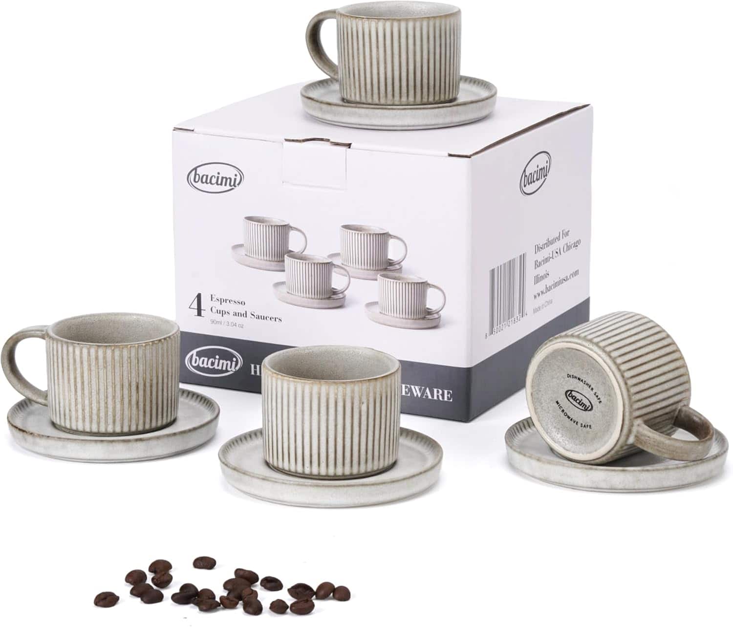 Bacimi - Set Of 4 Mini Espresso Cups With Saucers, Handcrafted Stoneware For Coffee, Cocoa 90ml / 3oz Reactive Glaze Firing - Stone