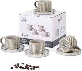 Bacimi - Set Of 4 Mini Espresso Cups With Saucers, Handcrafted Stoneware For Coffee, Cocoa 90ml / 3oz Reactive Glaze Firing - Stone