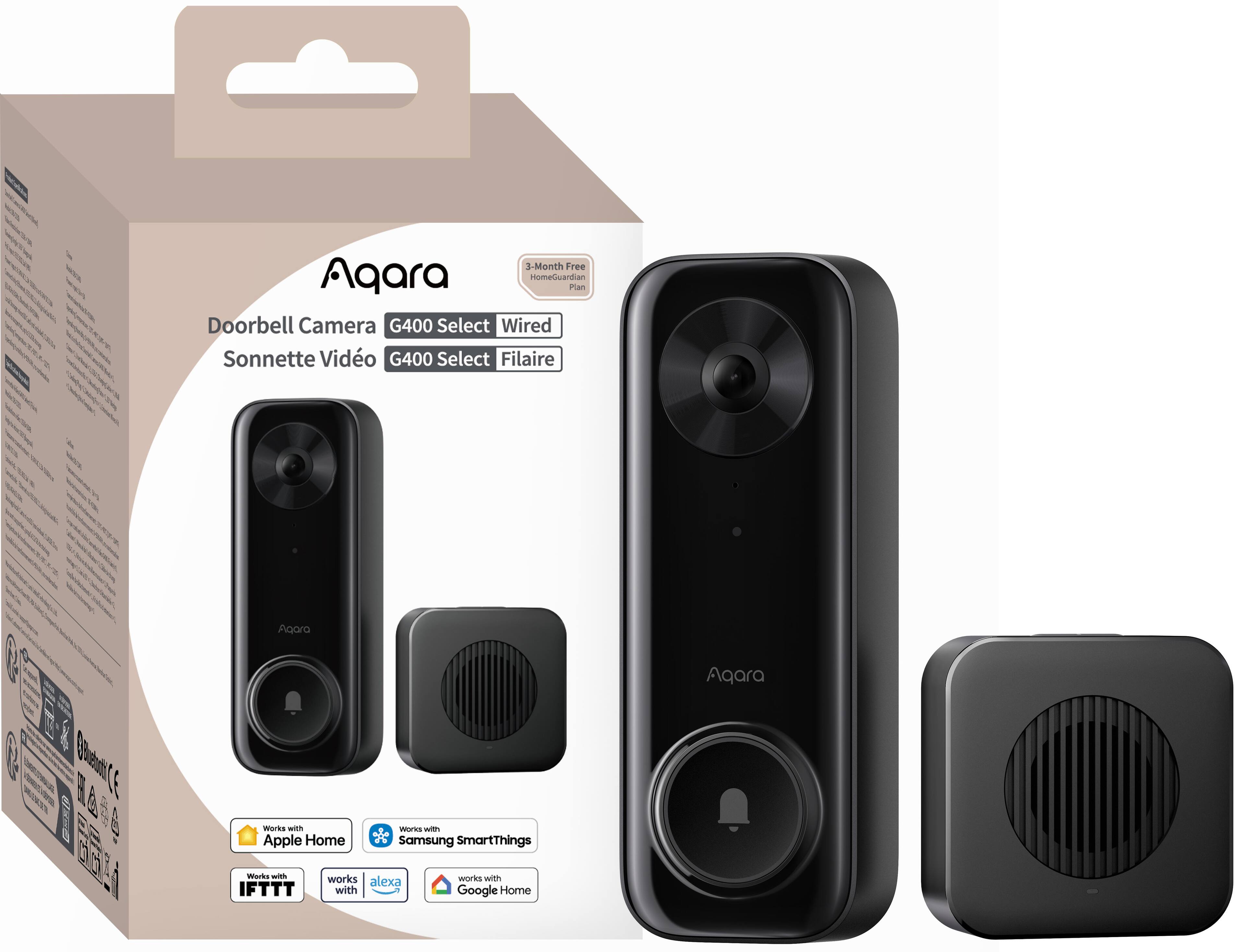 Aqara  
Doorbell Camera G4000 Select Wired  
Sonnette Vidéo G4000 Select Filairé  

3-Month Free HomeGuardian Plan  

Works with Apple Home  
Works with Samsung SmartThings  
Works with IFTTT  
Works with Alexa  
Works with Google Home