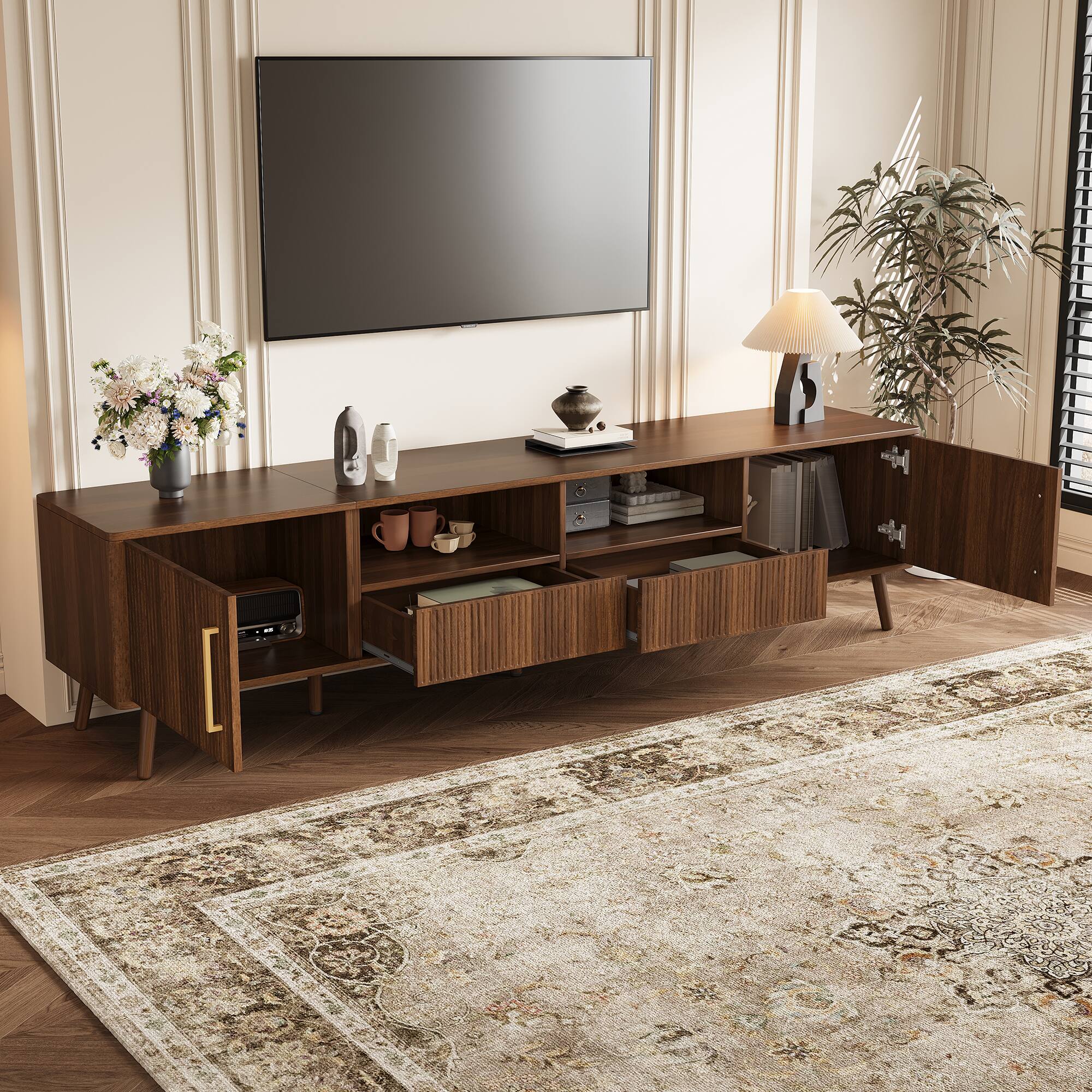 Angle. MERAVOM - Mid-Century Modern TV Stand for TVs Up to 85", Entertainment Center with 2 Storage Cabinets, 2 Drawers & 2 Open Shelves - Walnut.