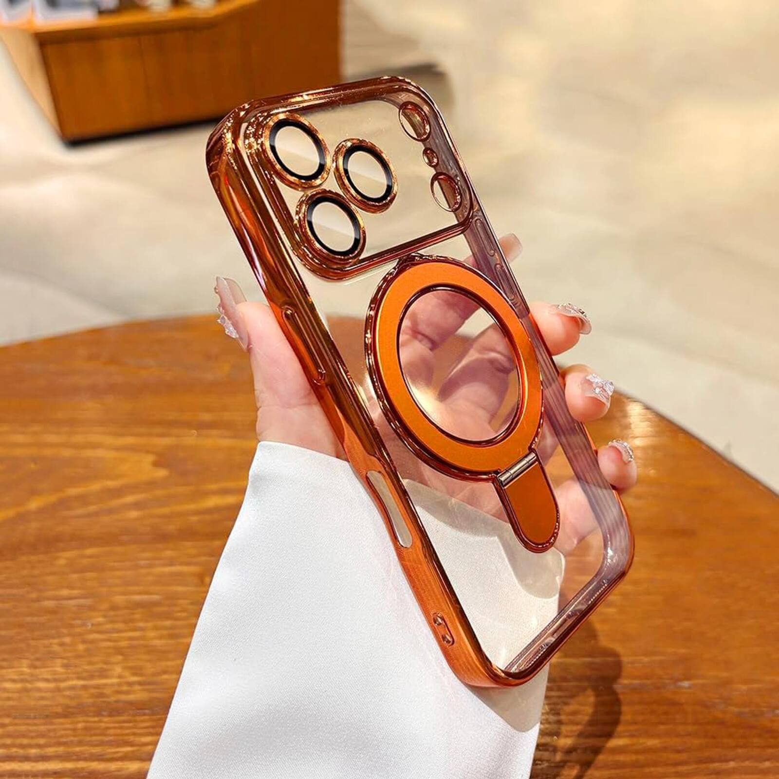 Back. UUCOVER - Magnetic Case for iPhone 18 Pro Max,Shockproof TPU+PC Clear Case Ring Stand Compatible with MagSafe Camera Lens Cover - Orange.