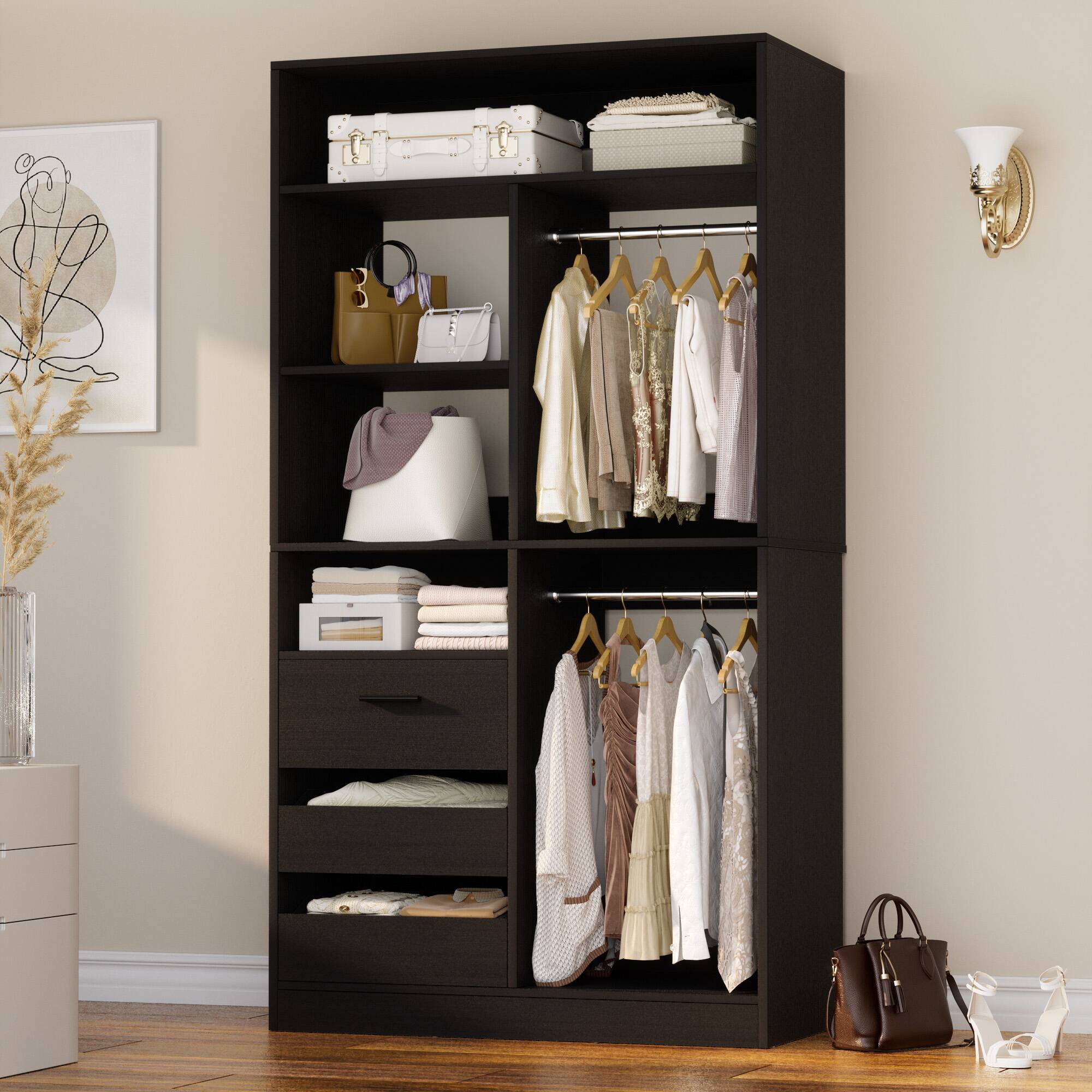 Left. Aheaplus - 72"2-Piece Walk-in Closet Organizer System with 6 Drawers, Hanging Rods & Adjustable Shelves for Bedroom - Black.