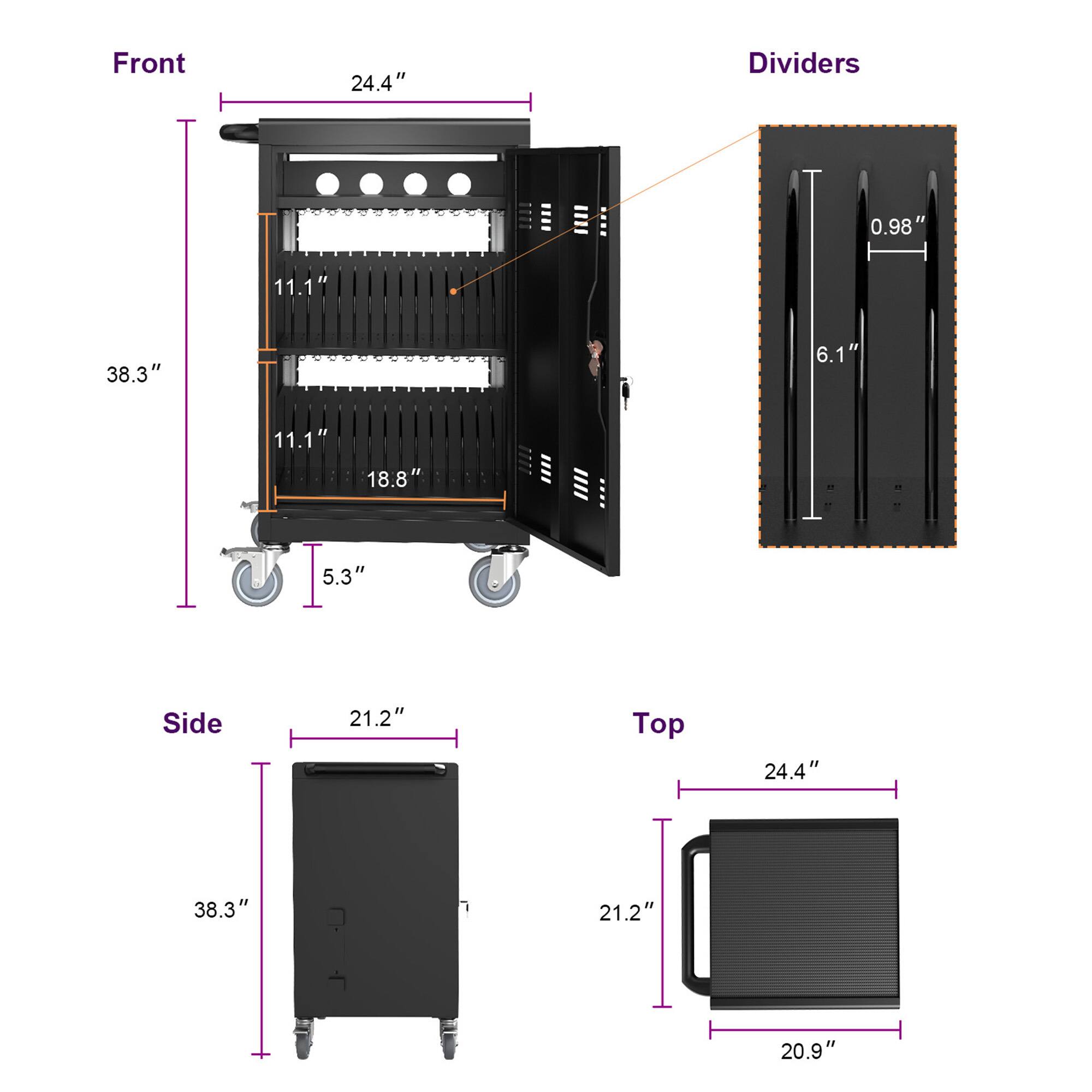Front:  
- Height: 38.3"  
- Width: 24.4"  
- Depth: 18.8"  
- Divider spacing: 11.1"  
- Divider height: 11.1"  
- Wheel height: 5.3"  

Dividers:  
- Divider width: 0.98"  
- Divider height: 6.1"  

Side:  
- Height: 38.3"  
- Width: 21.2"  

Top:  
- Length: 24.4"  
- Width: 21.2"  
- Depth: 20.9"