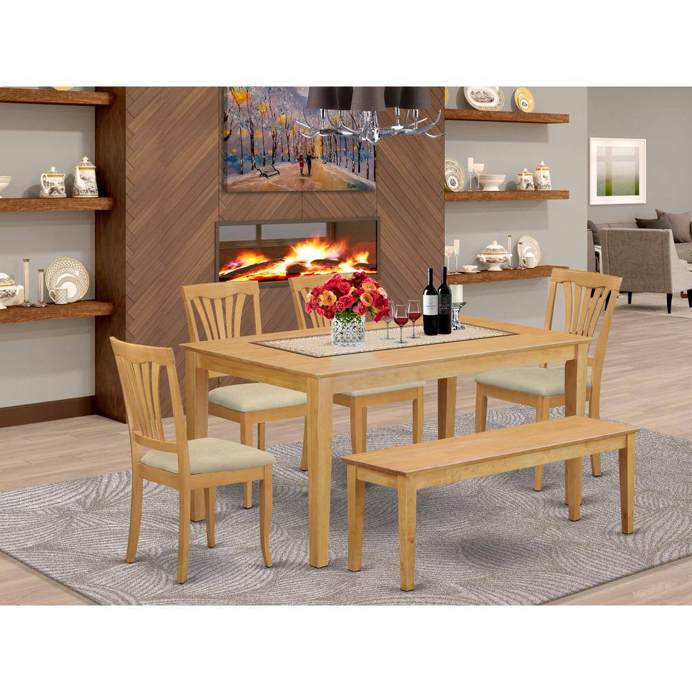 Left. East West Furniture - CAAV6-OAK-C 6-Pc Dinette set - Kitchen dinette Table and 4 Dining Chairs plus Wooden bench - Oak.
