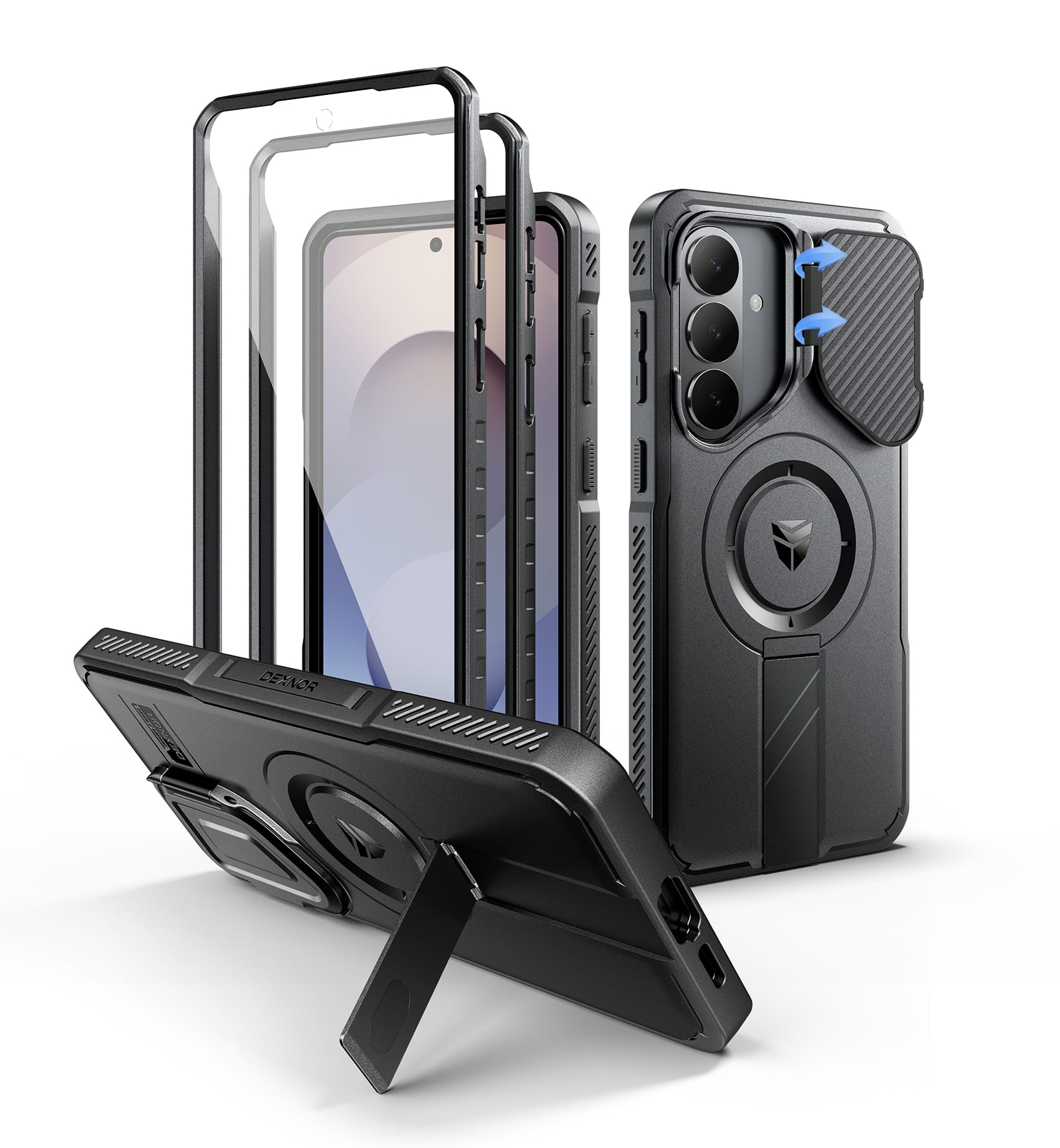 Front. Dexnor - Case for Samsung Galaxy S26 Plus with Camera Cover, Screen Protector, Compatible with MagSafe, Rugged Shockproof Cover - Black.