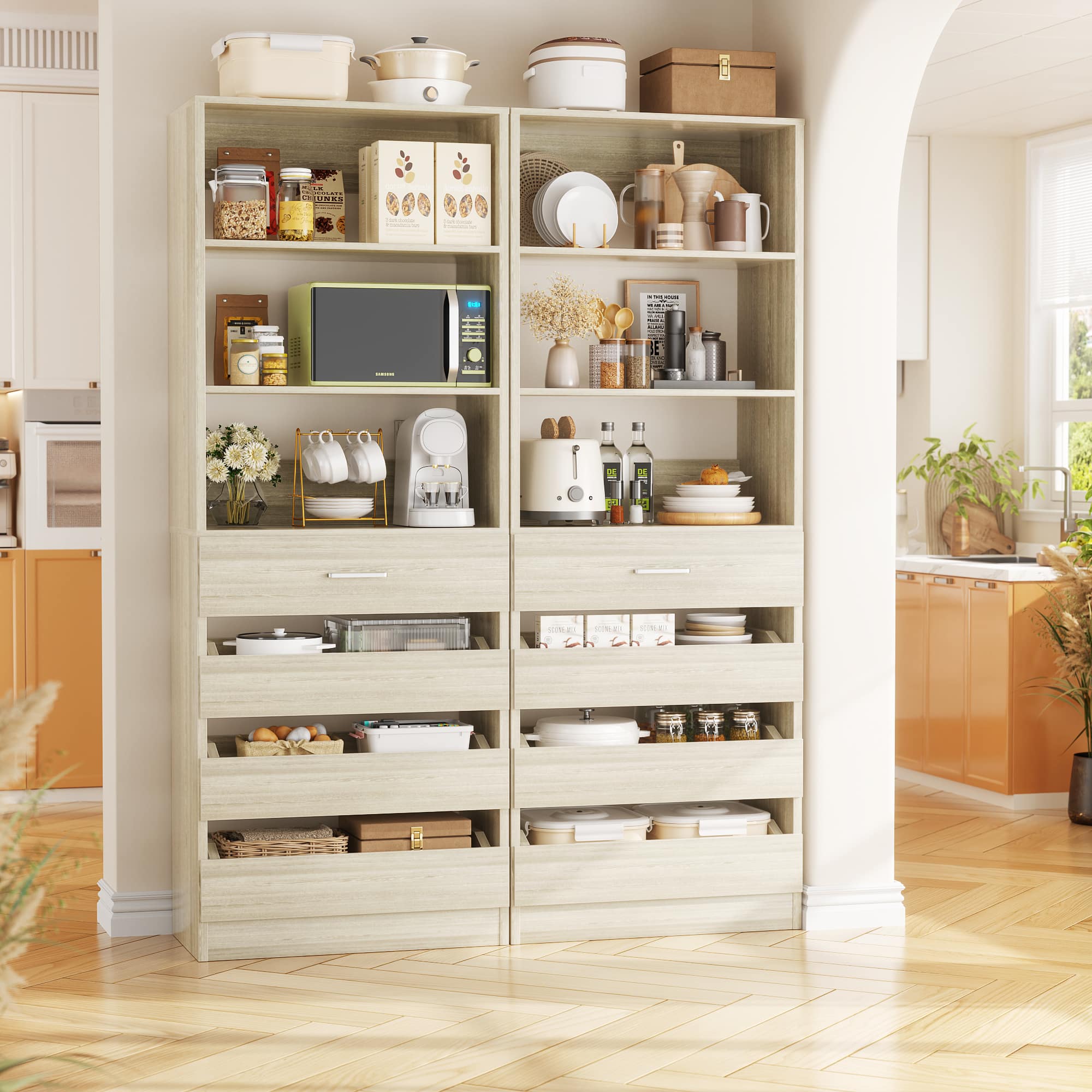 Aheaplus - 2 Pack-Premium Wood Pantry Cabinet: 4 Drawers, 3 Shelves, Wall-Fit Design for Organized Kitchen Storage - White Oak