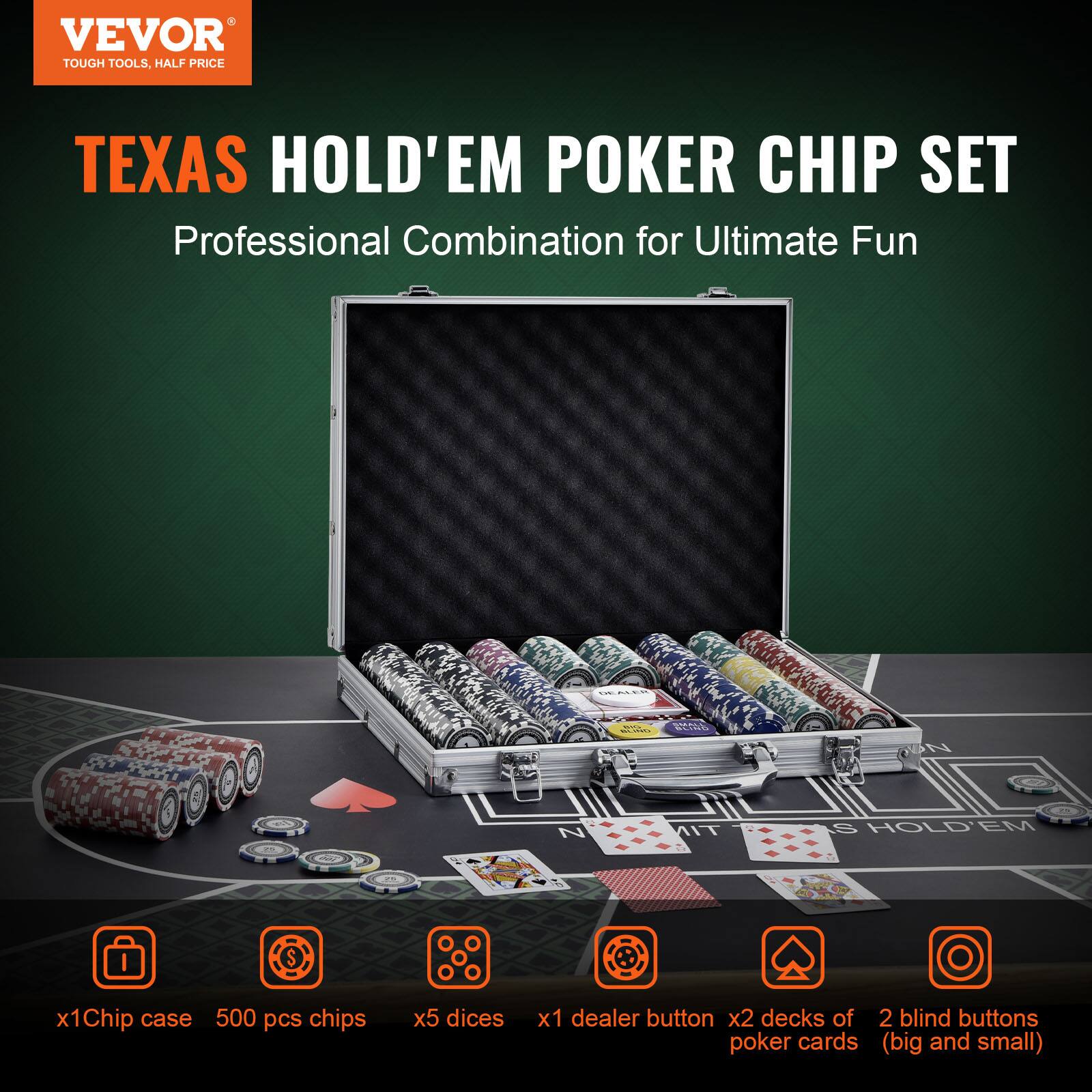 VEVOR TOUGH TOOLS, HALF PRICE TEXAS HOLD'EM POKER CHIP SET Professional Combination for Ultimate Fun x1Chip case 500 pcs chips x5 dices x1 dealer button x2 decks of 2 blind buttons poker cards (big and small)