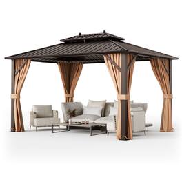 Gymax - 10'x13' Patio Double-Roof Hardtop Gazebo w/ Galvanized Steel Roof Aluminum Frame - Tan