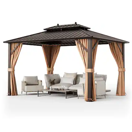 Front. Gymax - Gymax 10'x13' Patio Double-Roof Hardtop Gazebo w/ Galvanized Steel Roof Aluminum Frame - Tan.