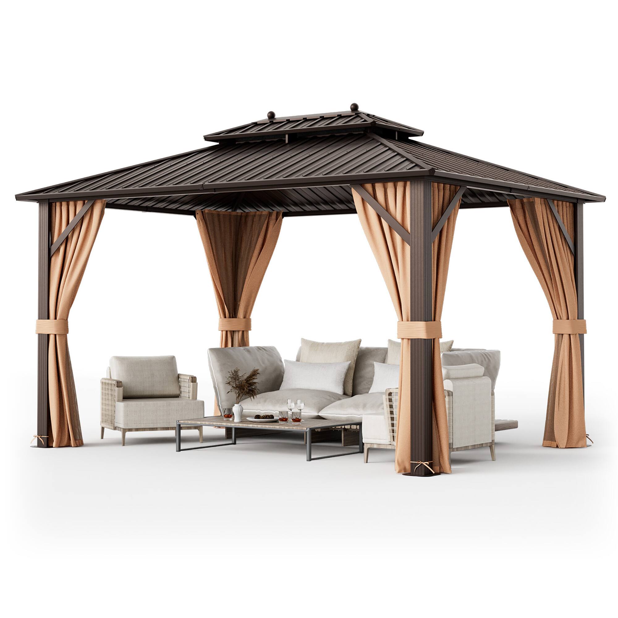 Front. Gymax - Gymax 10'x13' Patio Double-Roof Hardtop Gazebo w/ Galvanized Steel Roof Aluminum Frame - Tan.