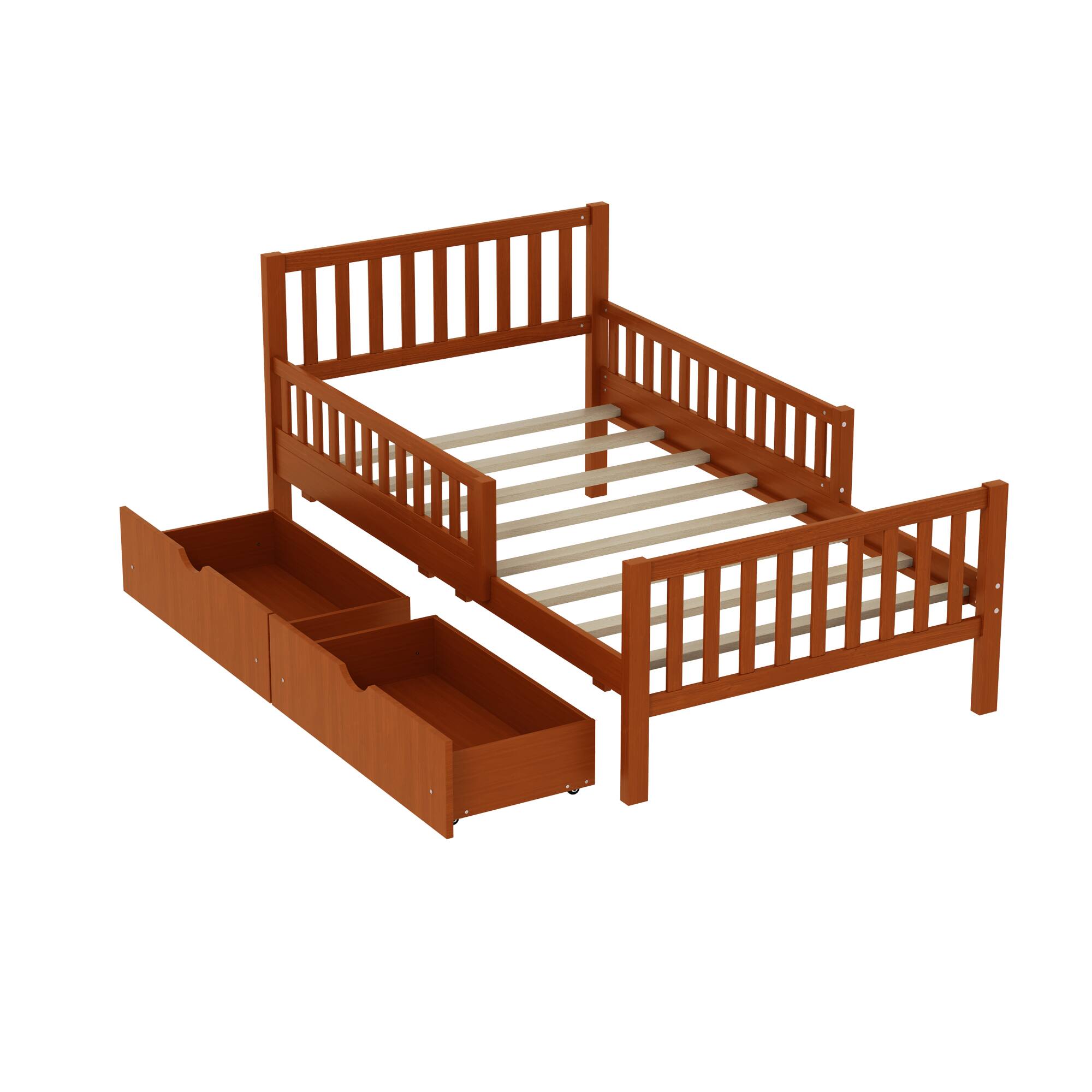 Alt View 4. GOODSILO - Twin Size Wood Platform Bed with Dual Guardrails and Underbed Storage Drawers for Enhanced Safety and Organization - Walnut.