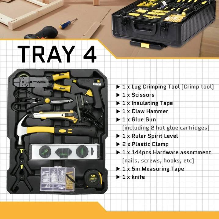 TRAY 4

- 1 x Lug Crimping Tool [Crimp tool]
- 1 x Scissors
- 1 x Insulating Tape
- 1 x Claw Hammer
- 1 x Glue Gun [including 2 hot glue cartridges]
- 1 x Ruler Spirit Level
- 2 x Plastic Clamp
- 1 x 144pcs Hardware assortment [nails, screws, hooks, etc]
- 1 x 5m Measuring Tape
- 1 x knife