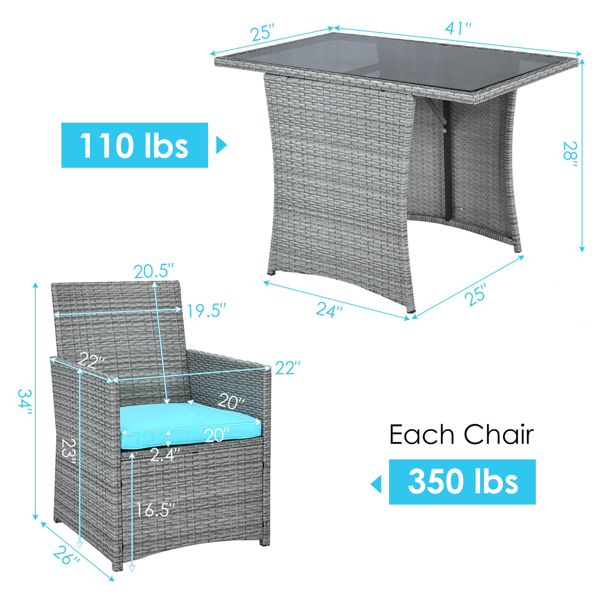 - Table: 110 lbs
- Each Chair: 350 lbs

Dimensions:
- Table: 41" x 28" x 25"
- Chair: 26" x 24" x 34"
- Seat: 20" x 20" x 2.4"
- Armrest: 22" x 20.5" x 19.5"