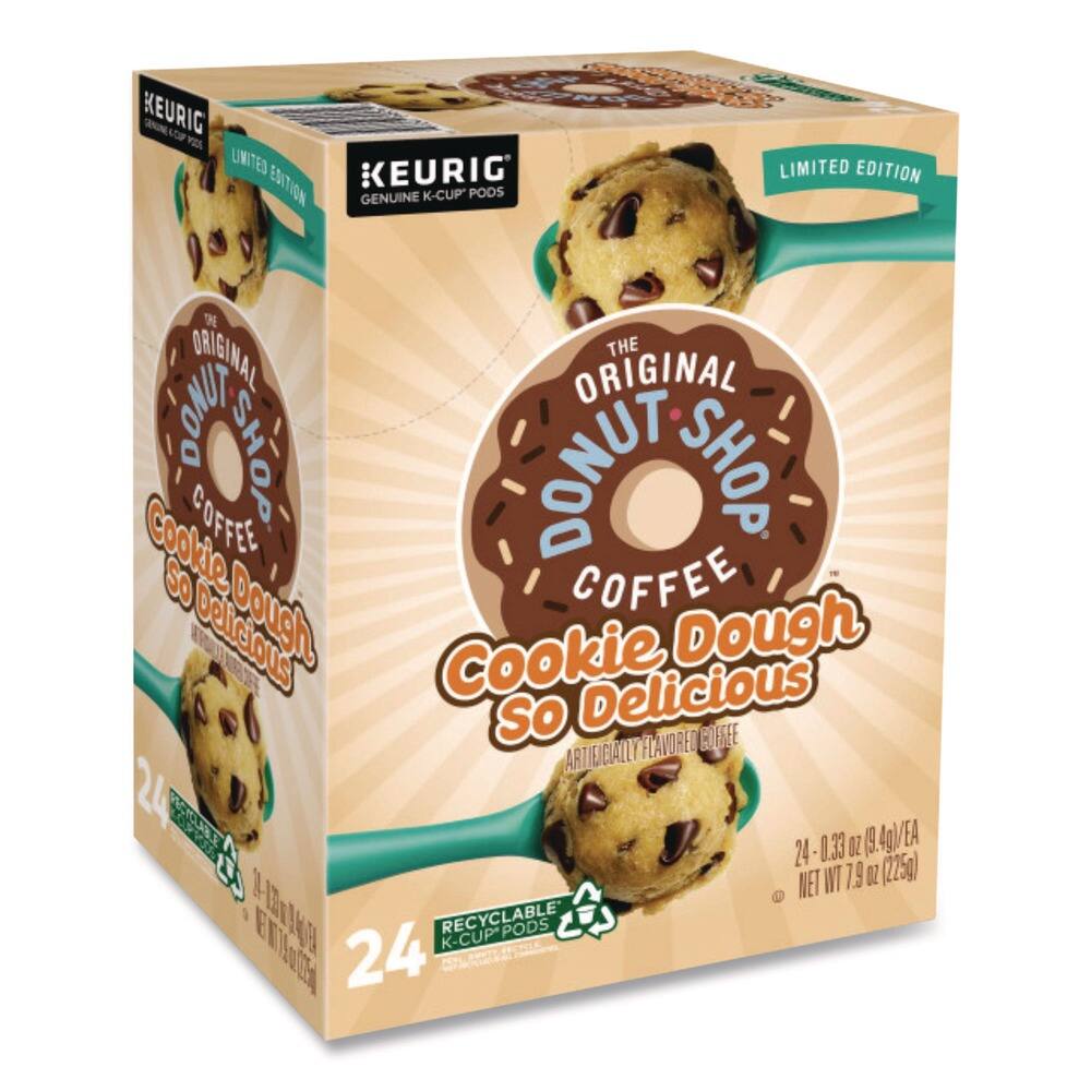 KEURIG UNITED  
KEURIG EDITION  
GENUINE K-CUP PODS  
LIMITED EDITION  

THE ORIGINAL  
THE ORIGINAL DONUT SHOP  
COOKIE DOUGH  
SO DELICIOUS  
ARTIFICIALLY FLAVORED COFFEE  

24  
0.33 OZ (9.4g) EA  
NET WT 7.9 OZ (225g)  

RECYCLABLE K-CUP PODS  

KEURIG  
GENUINE K-CUP PODS  
LIMITED EDITION  

THE ORIGINAL DONUT SHOP  
COOKIE DOUGH  
SO DELICIOUS  
ARTIFICIALLY FLAVORED COFFEE  

24  
0.33 OZ (9.4g) EA  
NET WT 7.9 OZ (225g)