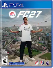 PS4. EA FC27 SPORTS Emirates FLY BETTER BELIEVE REQUIRES CONTENT DOWNLOAD. NCESSITE LE TÉLÉCHARGEMENT DE CONTENU. EVERYONE ENFANTS et ADULTES E ESRB PS5" Upgrade Available Mise à niveau PS5" disponible MLS NWSL