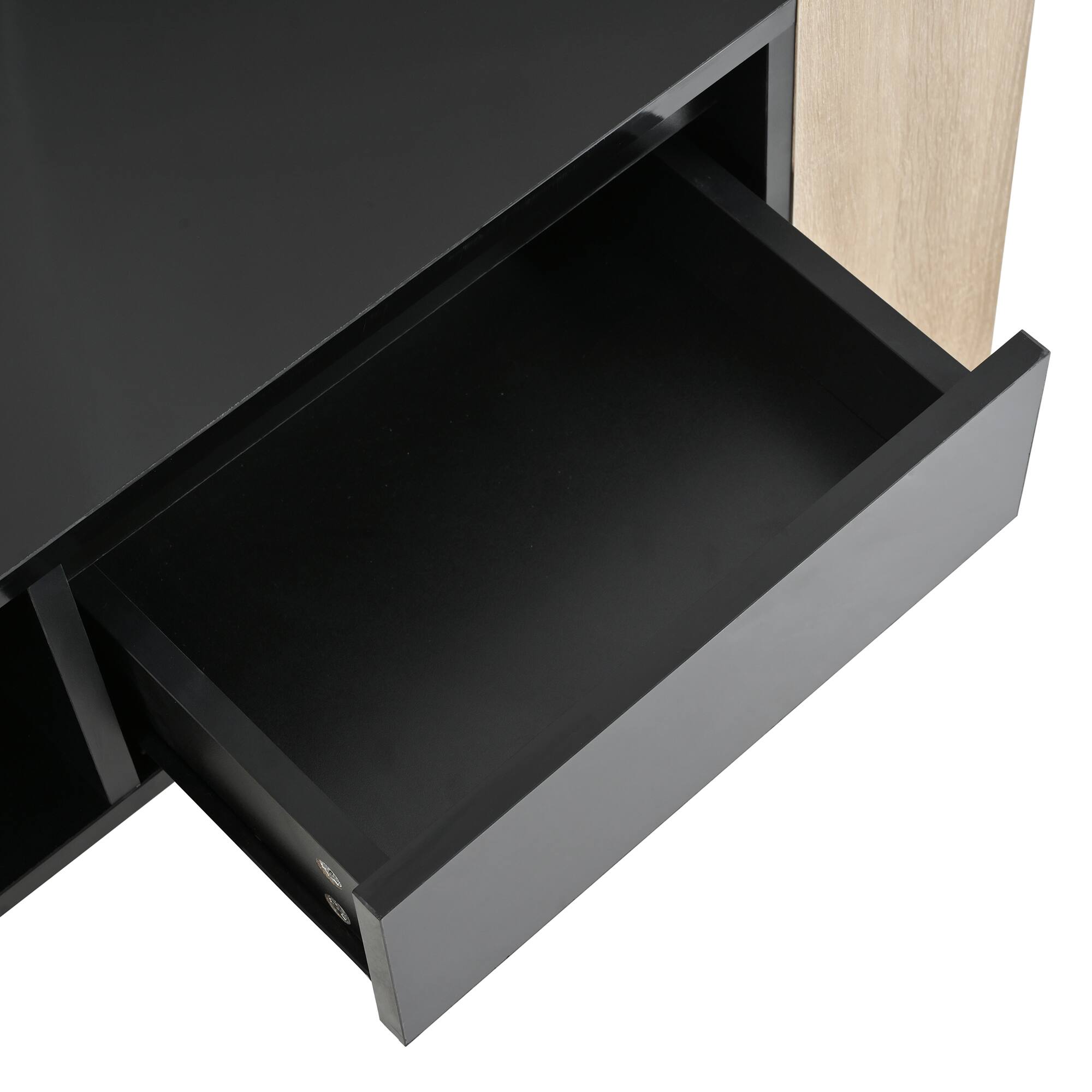 Alt View 9. Tiramisubest - High Glossy Coffee Table with 2 Drawers,Practical Two Tone Center Table with Hidden Compartments,Open Shelf,Black - Black+Natural.