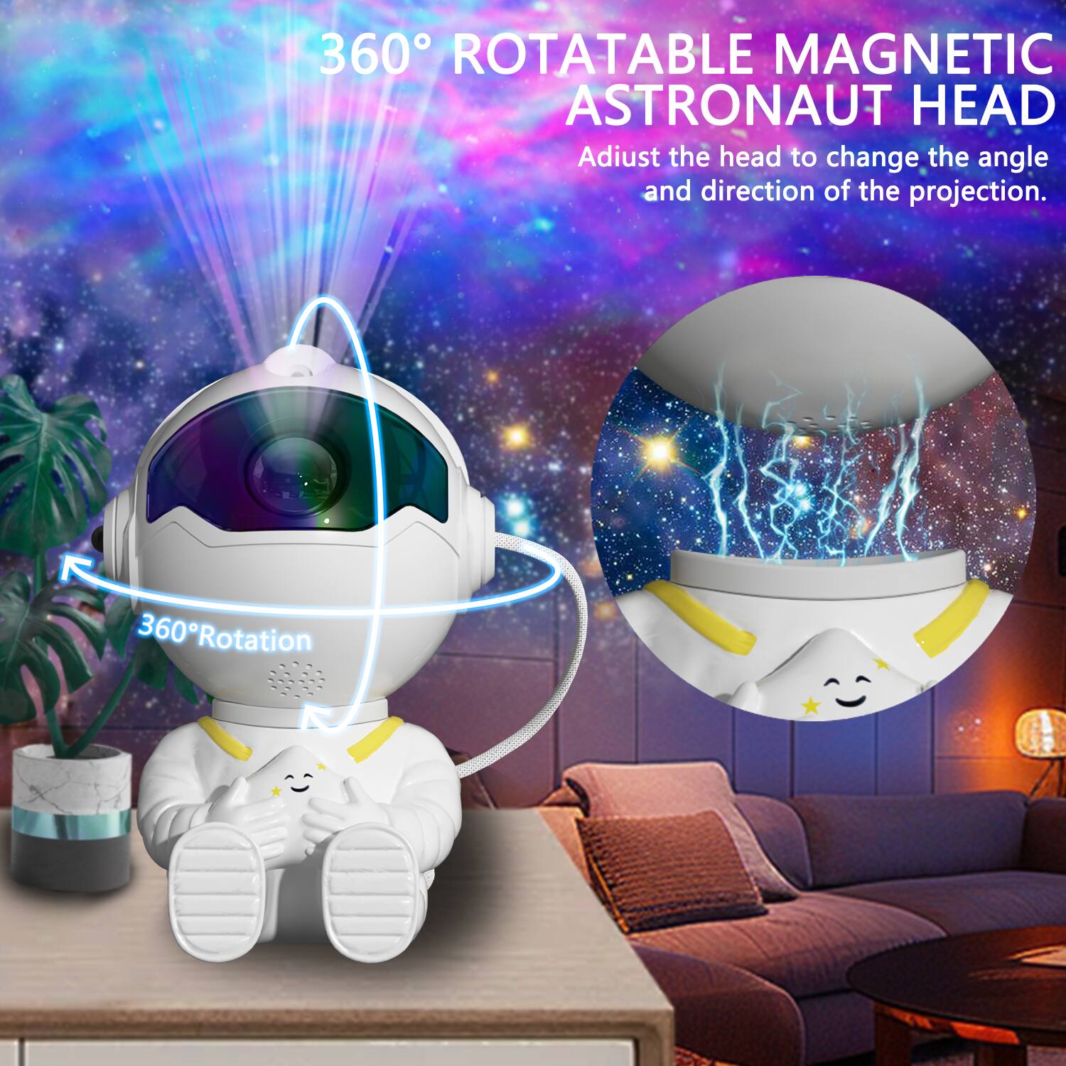 360° ROTATABLE MAGNETIC ASTRONAUT HEAD

Adjust the head to change the angle and direction of the projection.

360° Rotation