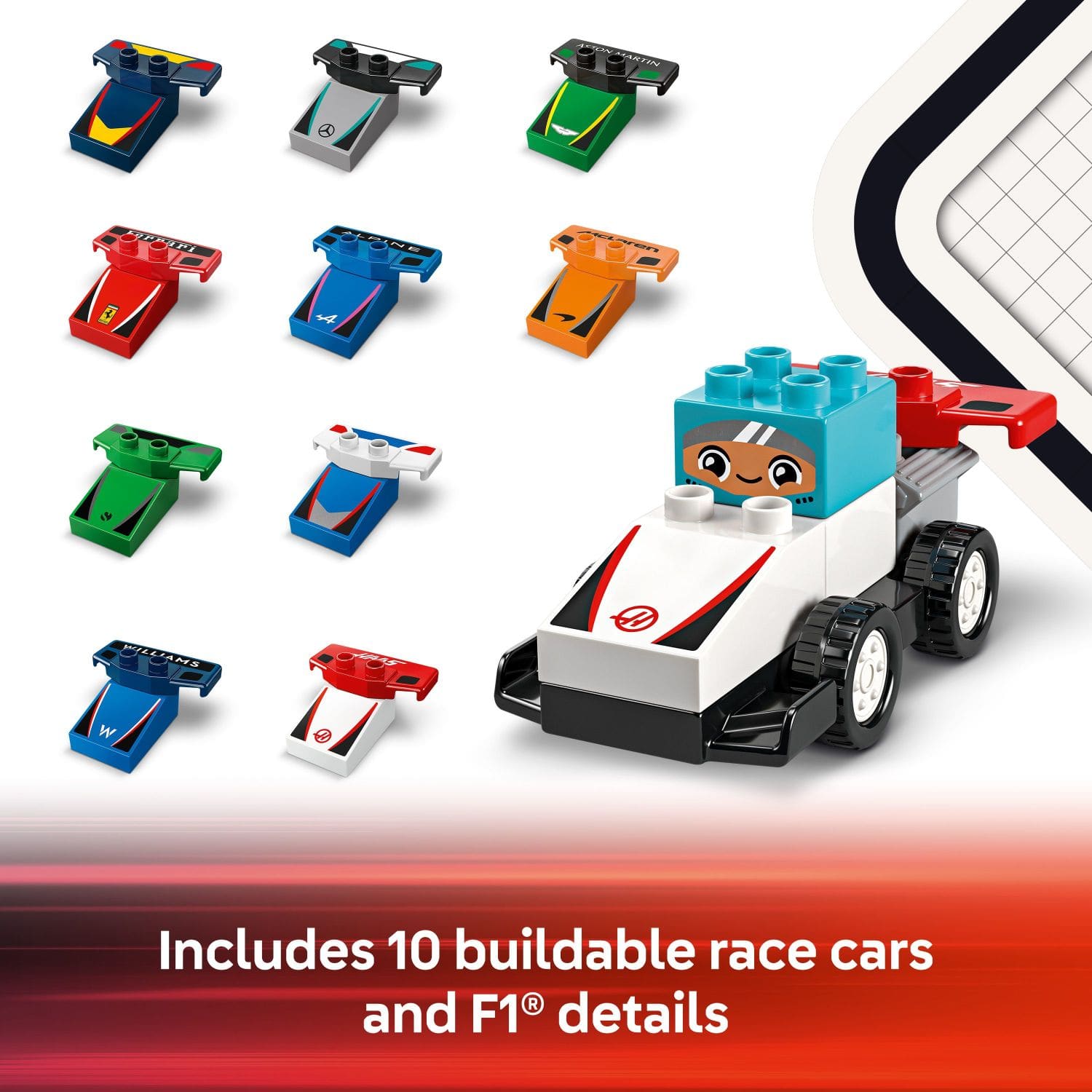 Includes 10 buildable race cars and F1 details.