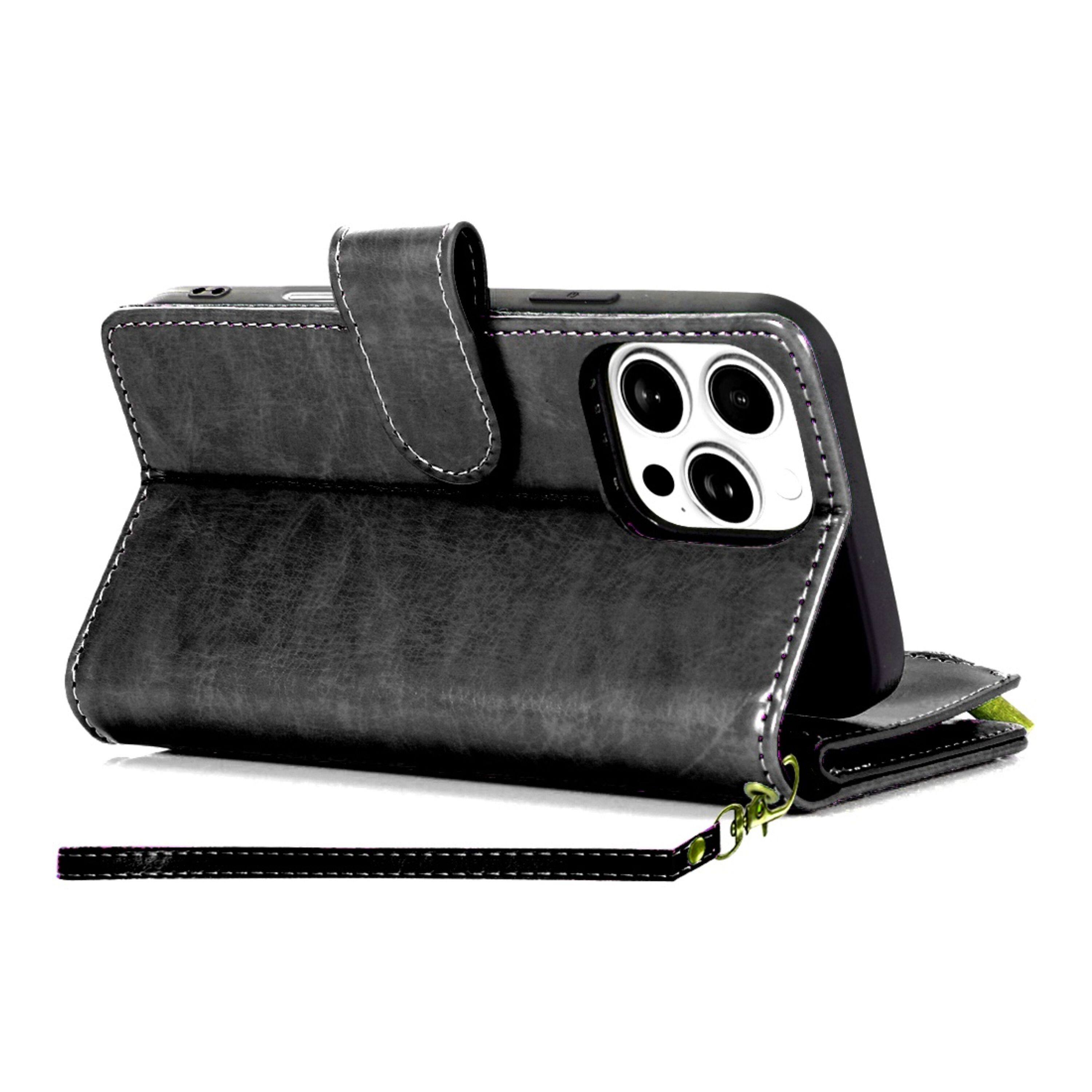 Left. Kitcheniva - PU Leather Phone Wallet Zipper With Tempered Glass For iPhone 16 Pro Max Black - Black.