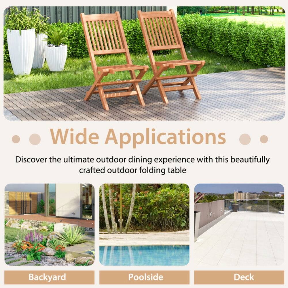 Wide Applications

Discover the ultimate outdoor dining experience with this beautifully crafted outdoor folding table

- Backyard
- Poolside
- Deck