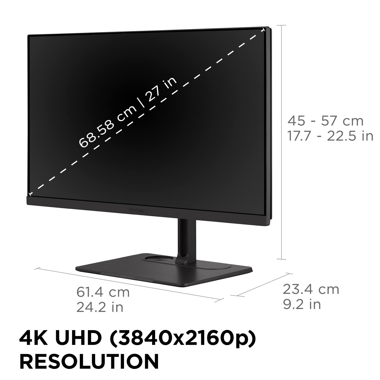 The text on the image reads: "68.58 in - 27 cm 45 - 57 cm 17.7 in - 22.5 cm 61.4 cm - 24.2 in 23.4 cm - 9.2 in 4K UHD (3840x2160p) RESOLUTION."