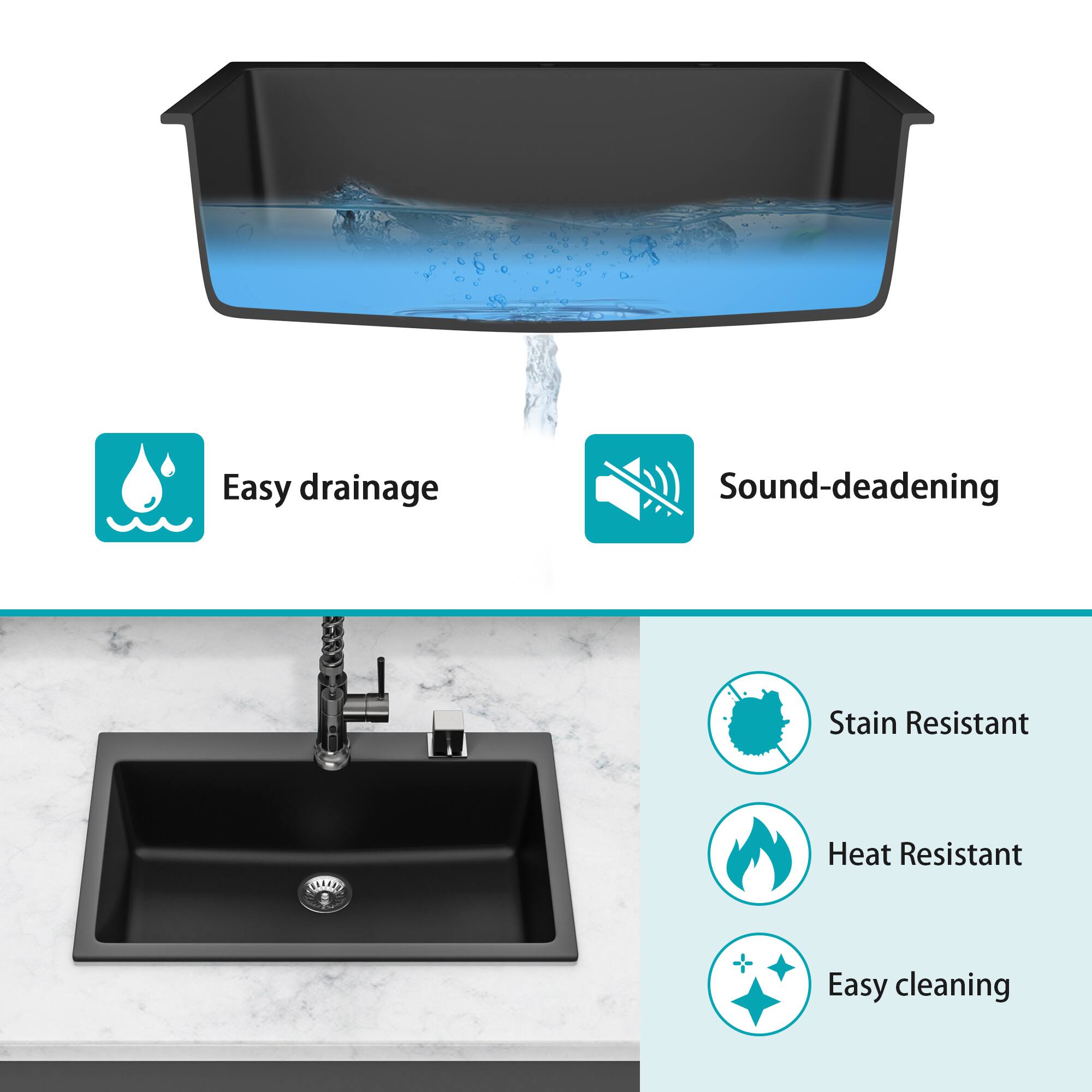 Easy drainage  
Sound-deadening  
Stain Resistant  
Heat Resistant  
Easy cleaning