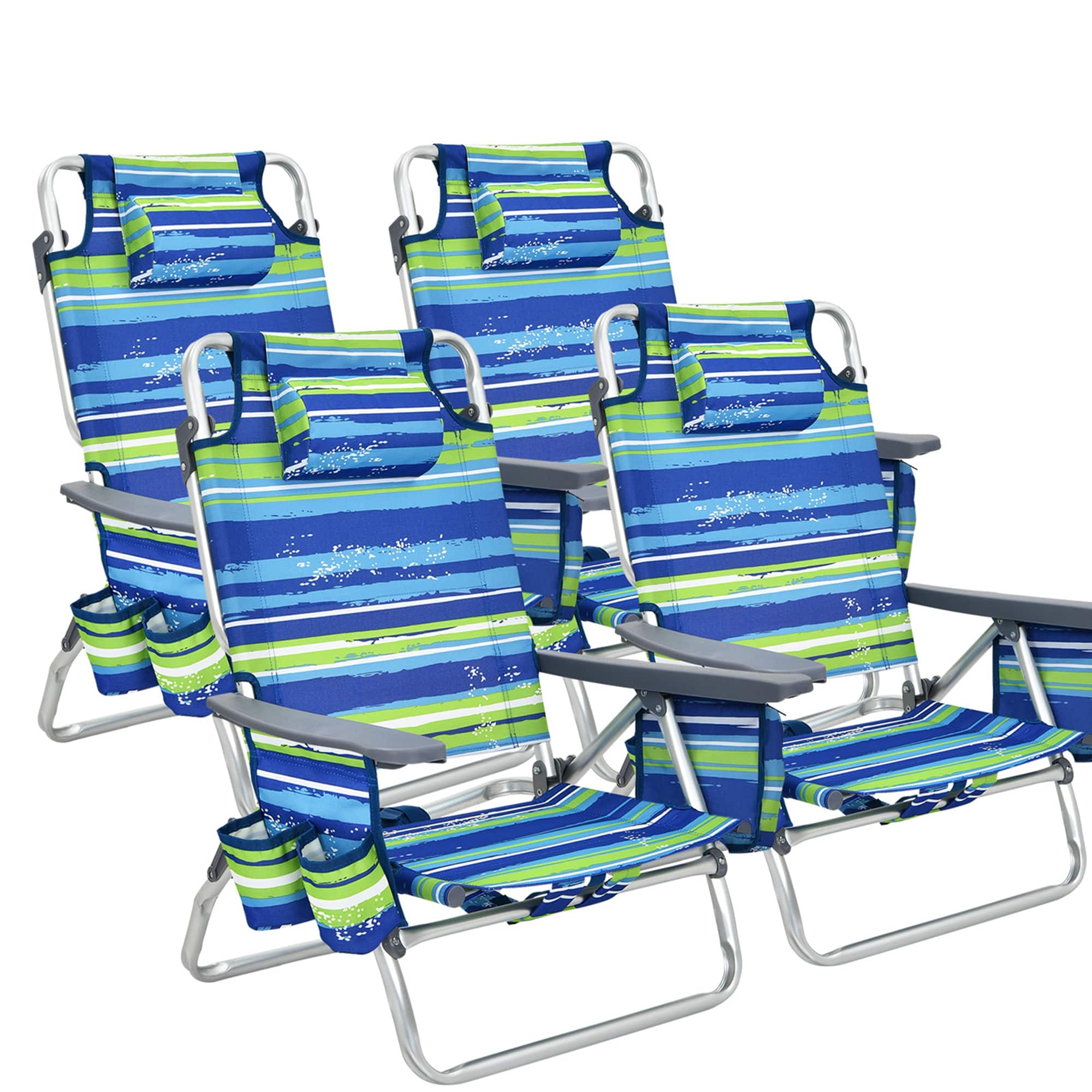 Costway - 4-Pack Folding Backpack Beach Chair 5-Position Outdoor Reclining Chairs with Pillow - Blue