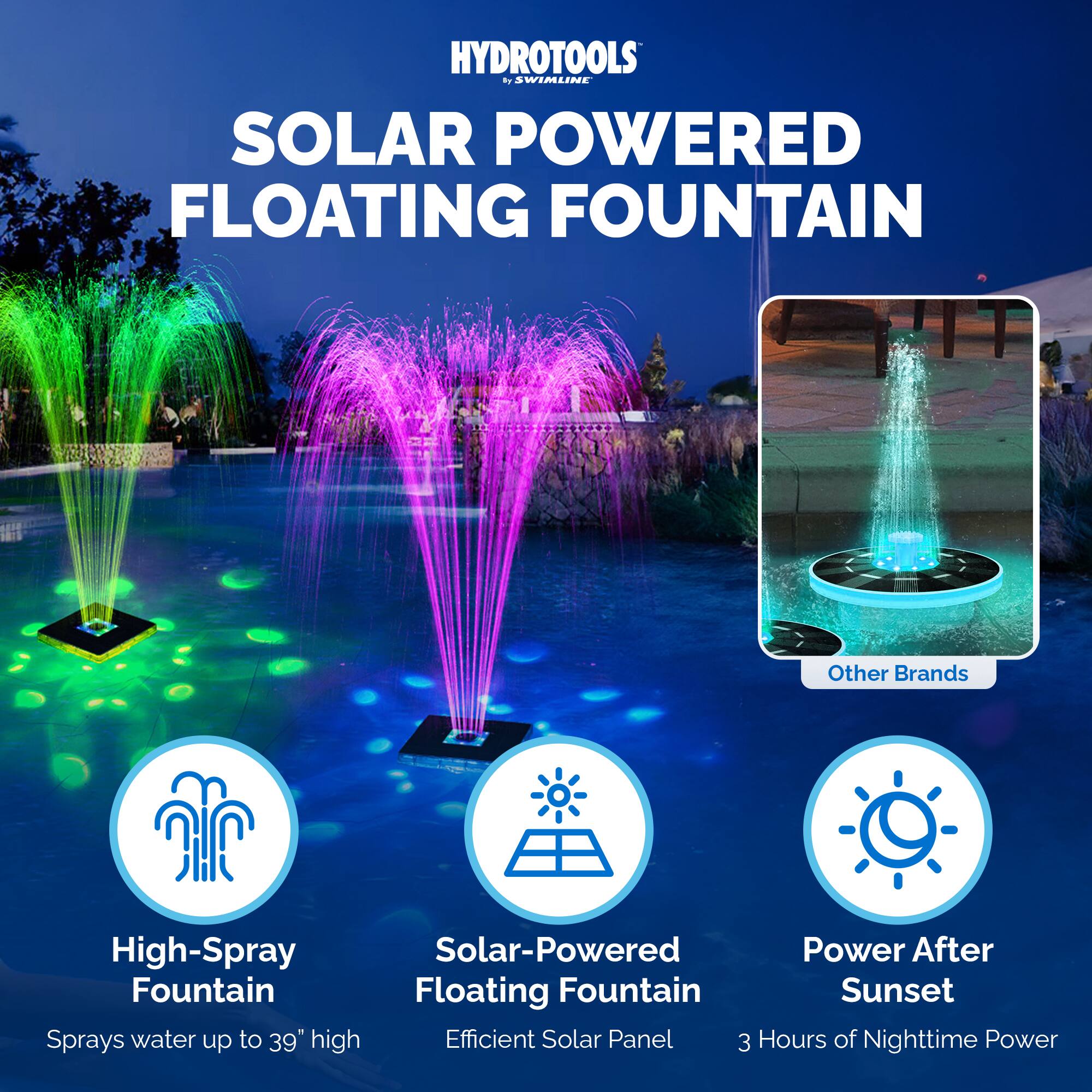HYDROTOOLS - SWIMLINE SOLAR POWERED FLOATING FOUNTAIN

- High-Spray Fountain
  - Sprays water up to 39" high

- Solar-Powered Floating Fountain
  - Efficient Solar Panel

- Power After Sunset
  - 3 Hours of Nighttime Power

Other Brands