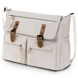 Wikistore - Canvas Messenger Bag for Women Men Crossbody Laptop Bag with Adjustable Strap - White