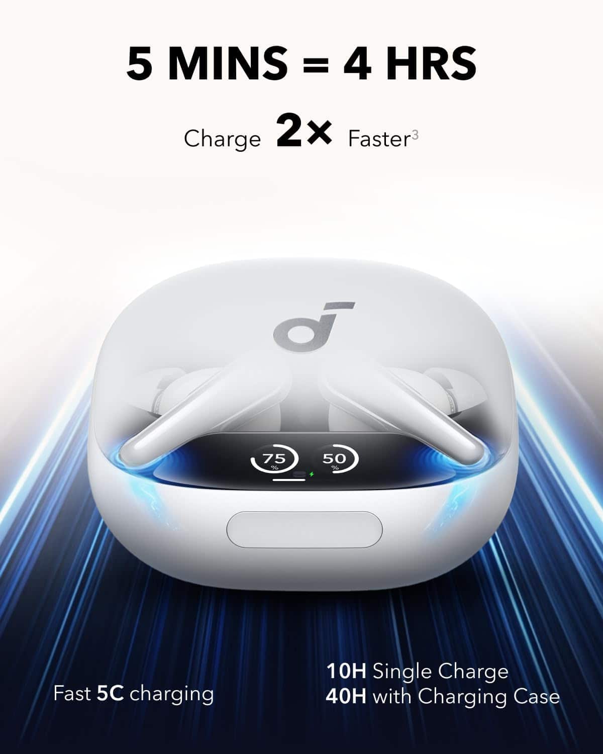 5 MINS = 4 HRS
Charge 2x Faster³
Fast 5C charging
10H Single Charge
40H with Charging Case