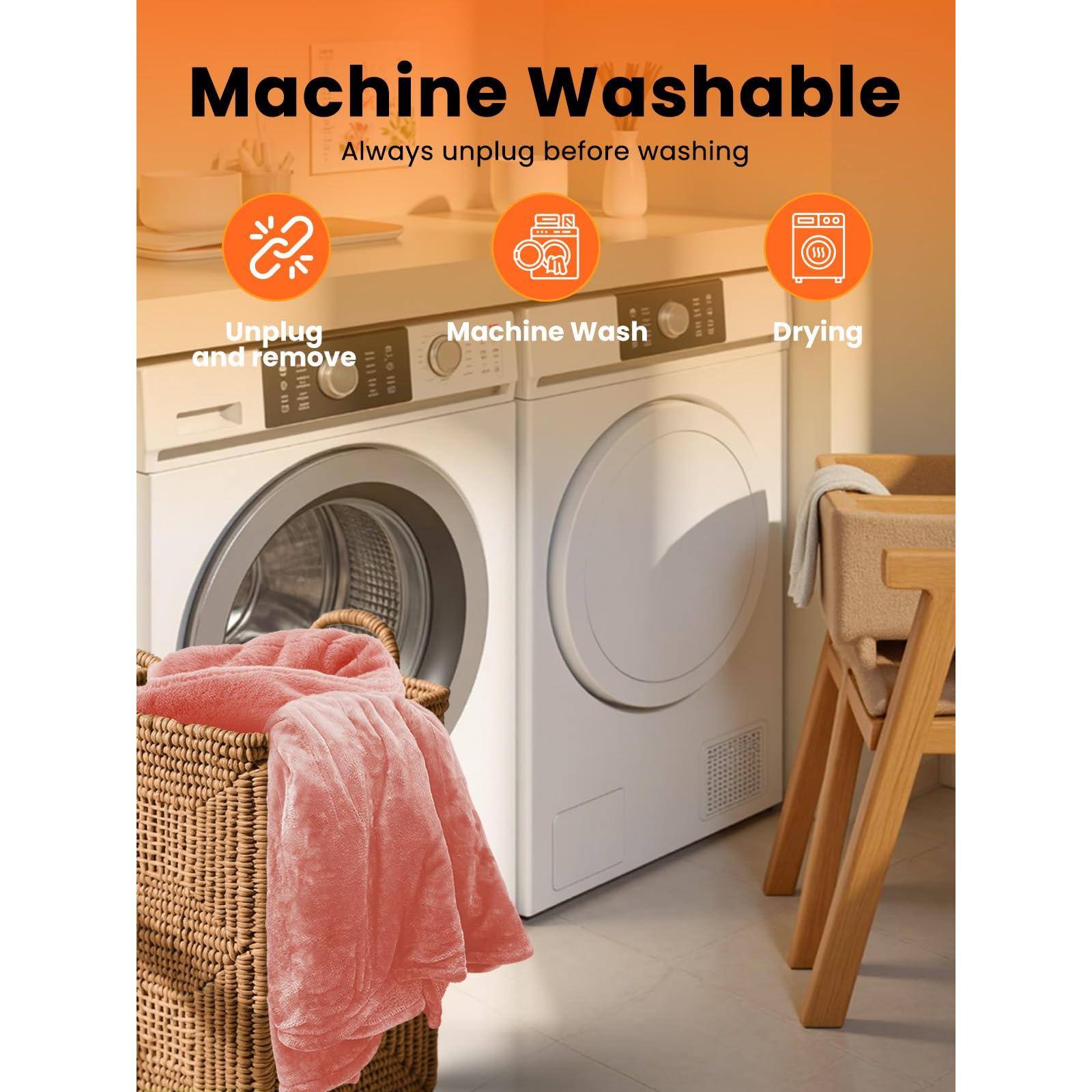 Machine Washable  
Always unplug before washing  

Unplug and remove  
Machine Wash  
Drying