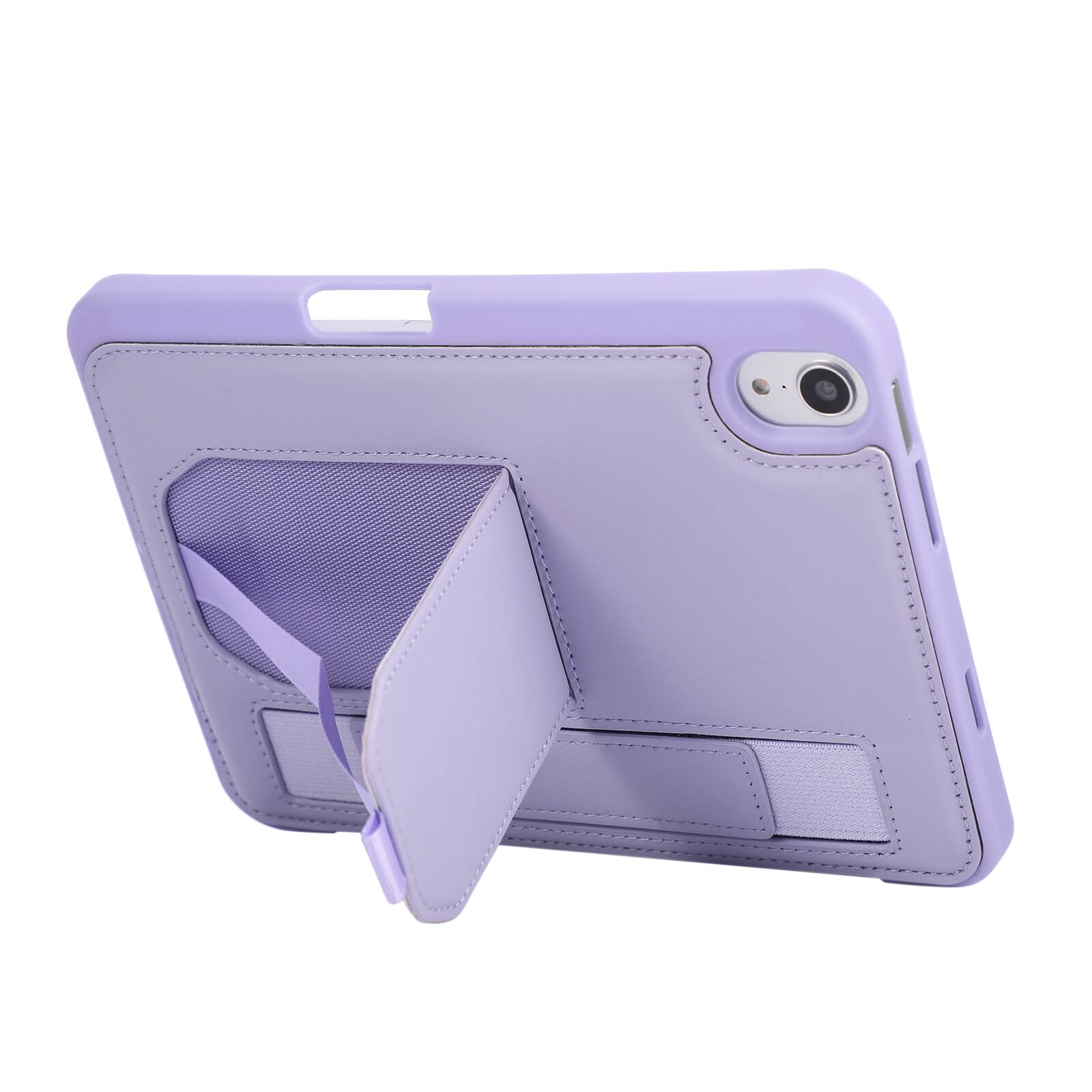 Back. Dteck - Shockproof Case for Apple iPad mini (A17 Pro) 2024 with Hand Strap and Foldable Stand, PU Leather TPU Protective Cover - Purple.