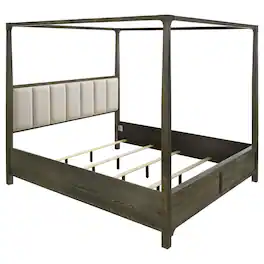 Manhattan Lane - Seon Queen Canopy Bed w 4 Posters, Ivory Upholstery, Dark Cocoa Brown - Dark Cocoa Brown, Ivory