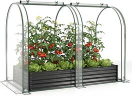 Gymax - 6 x 3 x 1 FT Galvanized Raised Garden Bed w/Greenhouse Cover 2 Roll-up Windows Transparent - Black