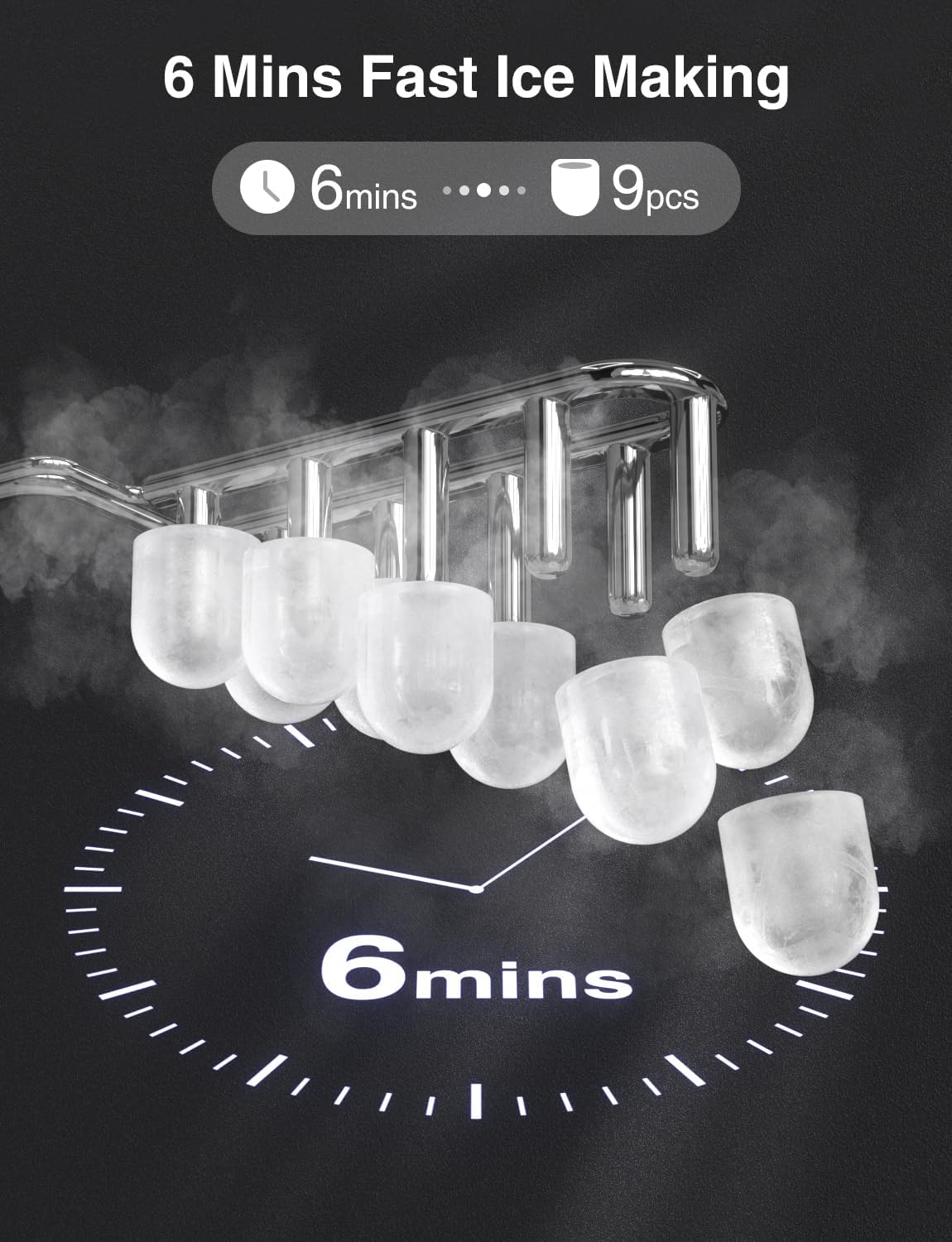 6 Mins Fast Ice Making  
6mins  
9pcs  
6mins