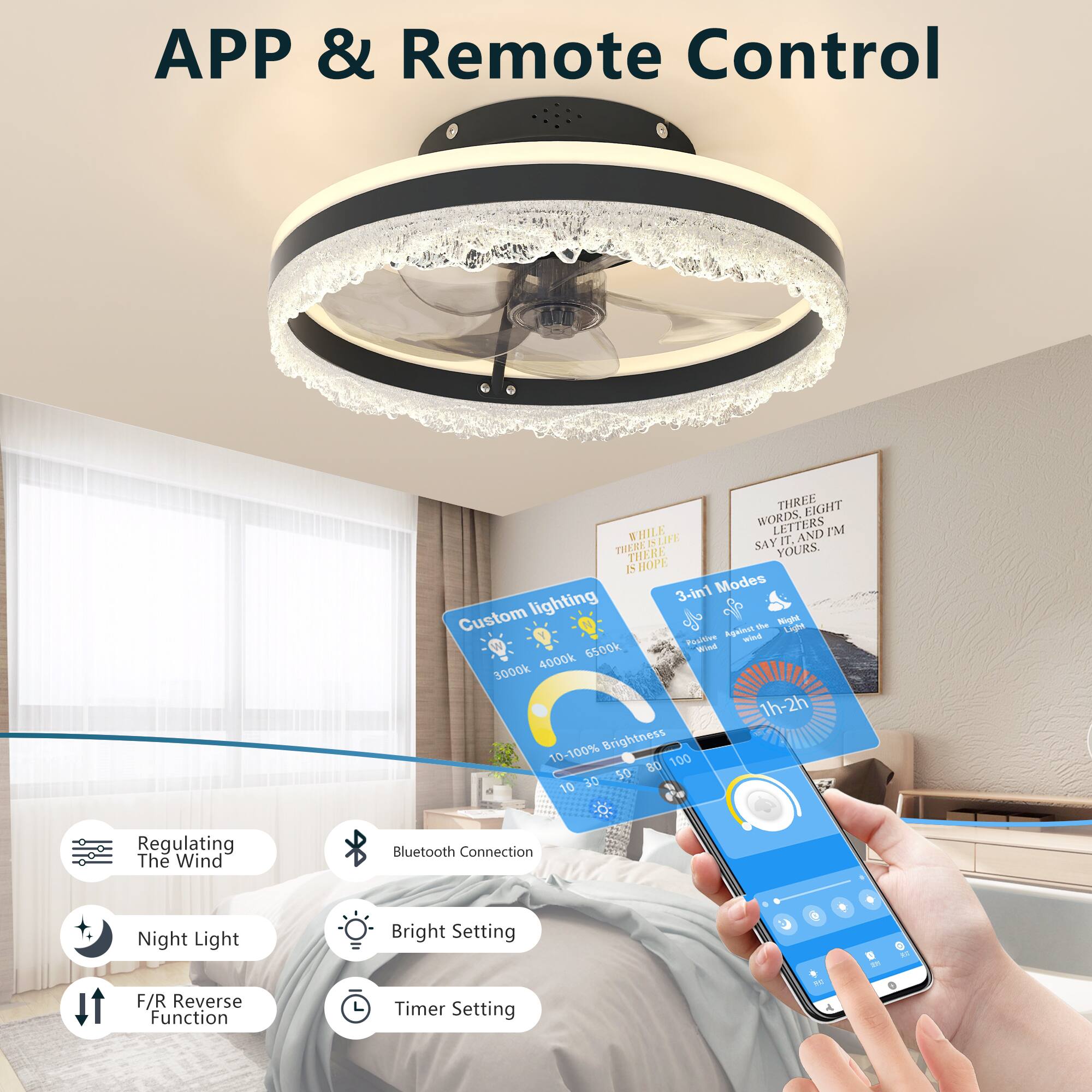 APP & Remote Control

- Custom lighting
  - 3-in-1 Modes
  - 6500K 4000K 3000K
  - 1h-2h
  - 10-100% Brightness
  - 80-100 s
  - 59-100 Regulating The Wind
  - Bluetooth Connection
  - Night Light
  - Bright Setting
  - F/R Reverse Function
  - Timer Setting

- Regulating The Wind
- Bluetooth Connection
- Night Light
- Bright Setting
- F/R Reverse Function
- Timer Setting

- THREE EIGHT WORDS LETTERS WHI AND THEREIU SAY 11. THERE YOURS. HOPE