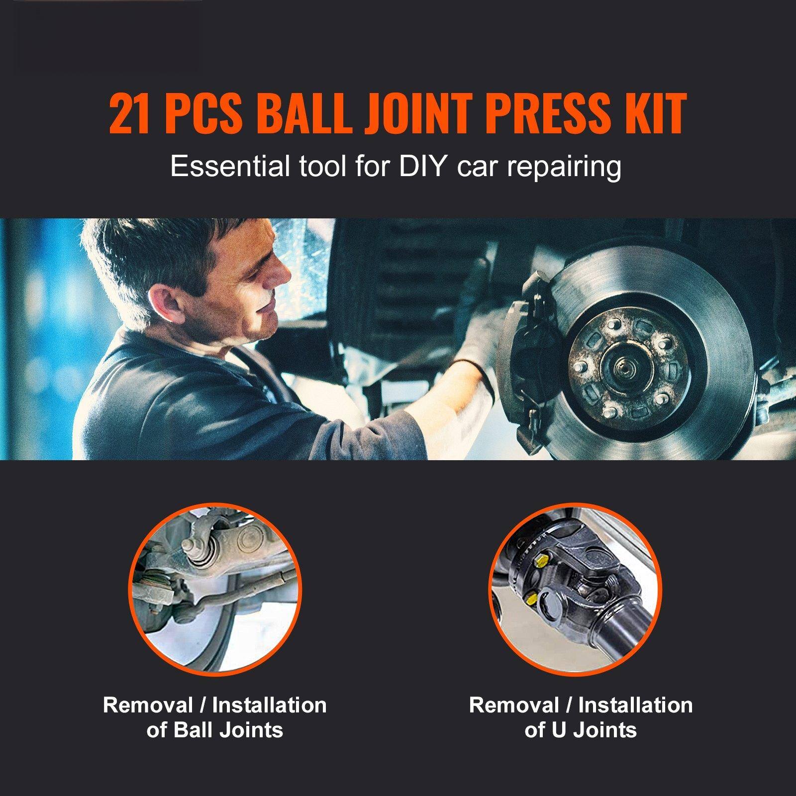 21 PCS BALL JOINT PRESS KIT  
Essential tool for DIY car repairing  

Removal / Installation of Ball Joints  
Removal / Installation of U Joints