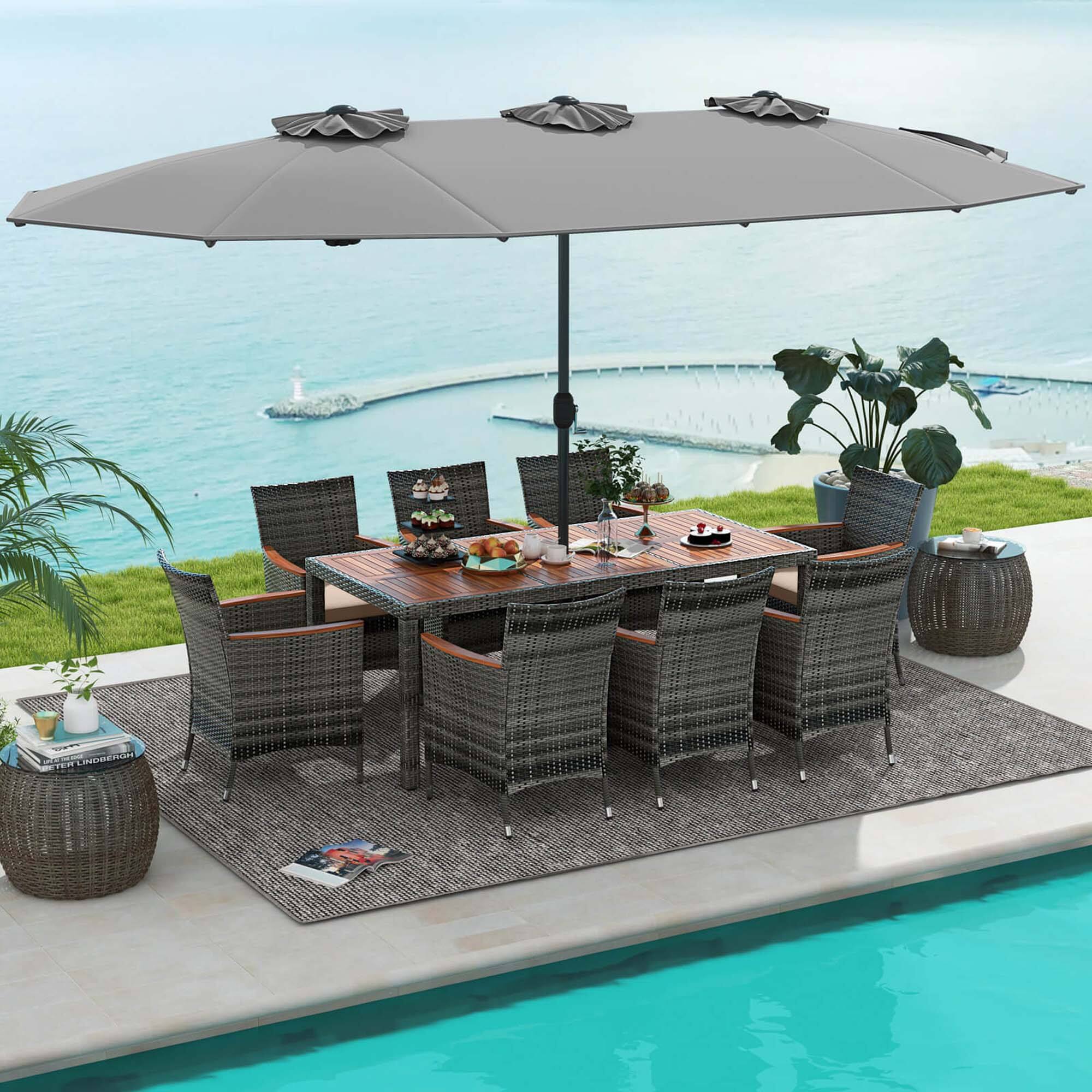 Alt View 4. Costway - 10 Pieces Patio Wicker Dining Set with Double-Sided Patio Umbrella 8 Armchairs - Grey,Mix Brown.