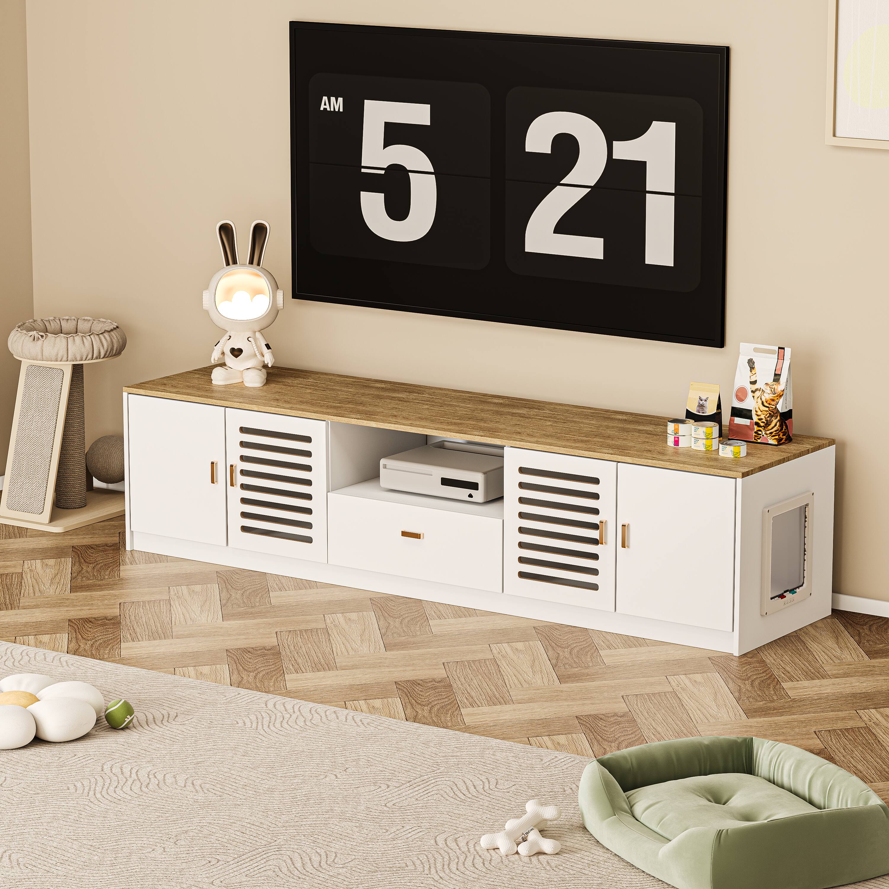 Alt View 3. MSOOB - 78.7" Entertainment Center Hidden Cat Litter Box Enclosure for 85" TV, Modern Wood TV Stand with Storage and Drawer - White.