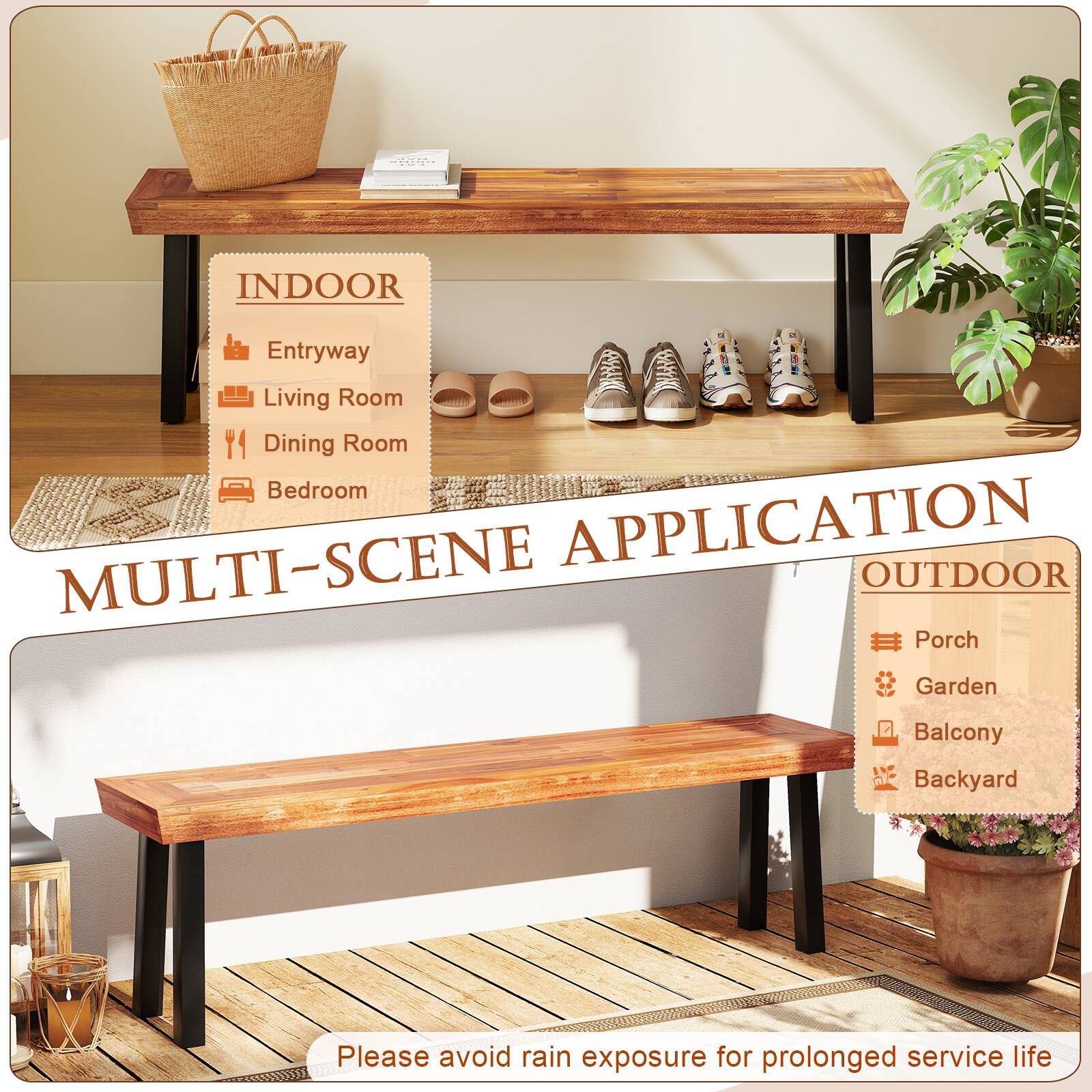 **INDOOR**  
- Entryway  
- Living Room  
- Dining Room  
- Bedroom  

**OUTDOOR**  
- Porch  
- Garden  
- Balcony  
- Backyard  

**MULTI-SCENE APPLICATION**  

Please avoid rain exposure for prolonged service life.