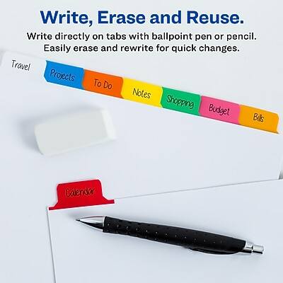 Write, Erase and Reuse.

Write directly on tabs with ballpoint pen or pencil. Easily erase and rewrite for quick changes.

Travel Projects To Do Notes Shopping Budget Bills Calendar